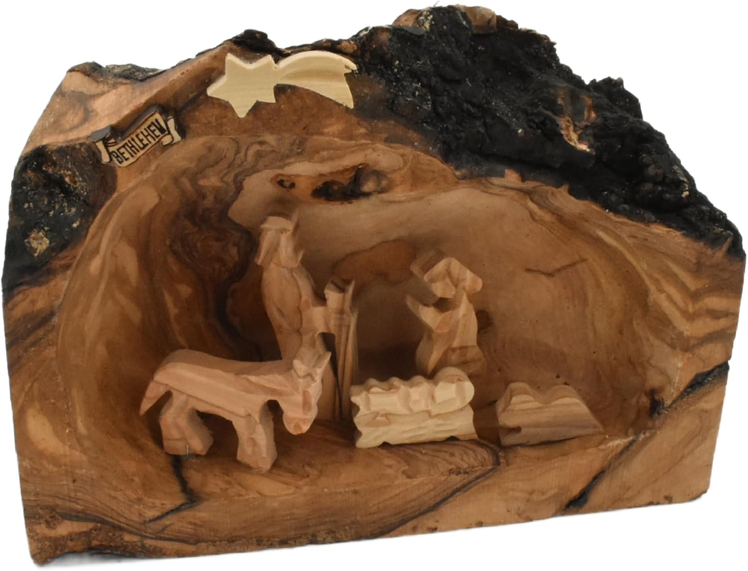 Hand-Carved Olive Wood Nativity Scene in Cave Shape Tree Bark | Made in Bethlehem, Holy Land 6-5 insh