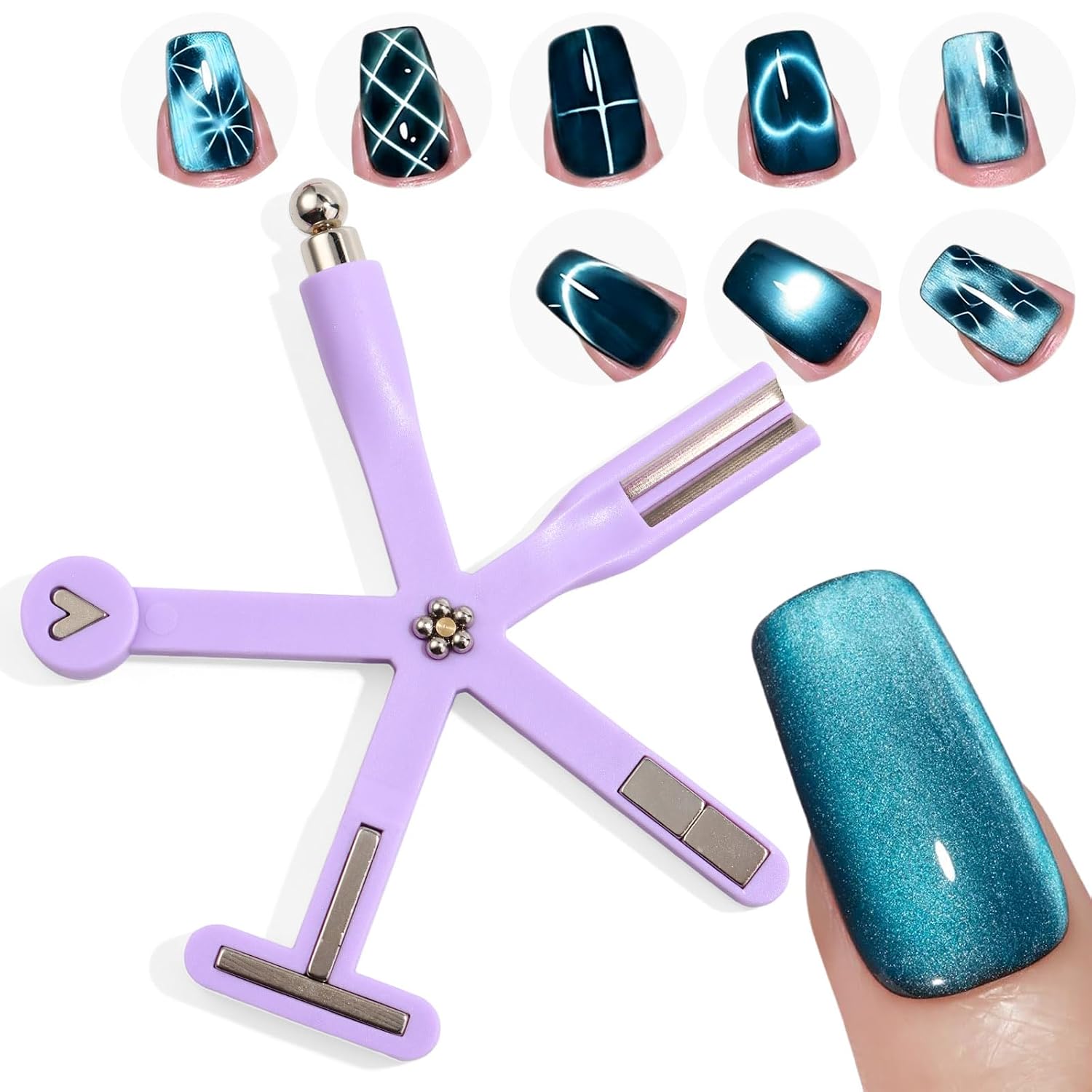 8-in-1 Cat Eye Magnet for Nails, Ultra-Strong Magnetic Wand for Creating Versatile Nail Patterns Like French Tip, Heart, Flower, Clover & Glass Bead, Nail Art Tool for Home DIY & Salon Use
