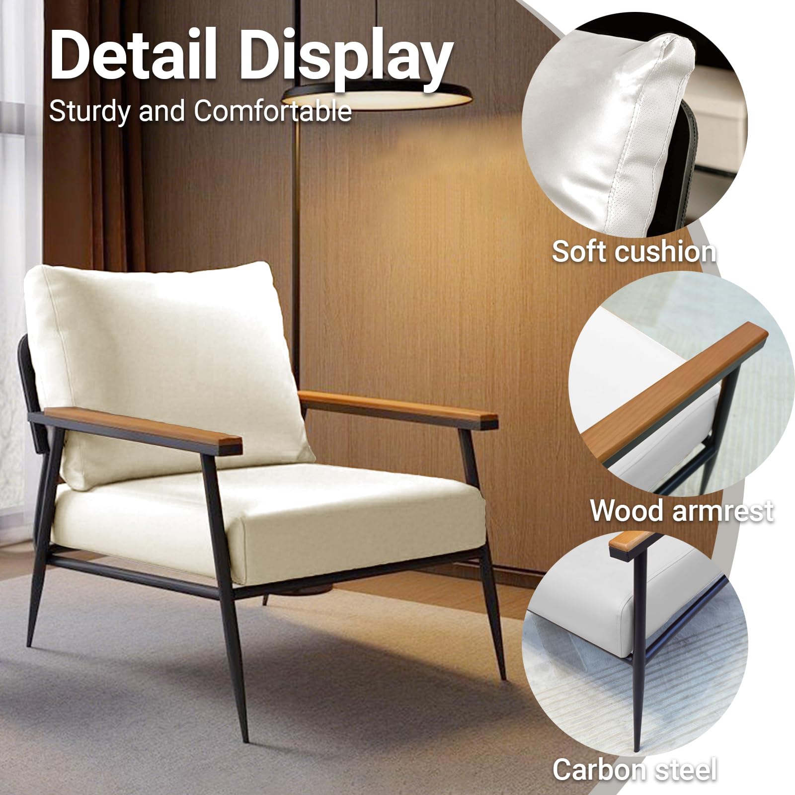 Silla decorativa, sillón de piel sintética con marco de metal, cómoda silla de lectura con cojines y reposabrazos de madera para sala de estar, dormitorio, comedor
