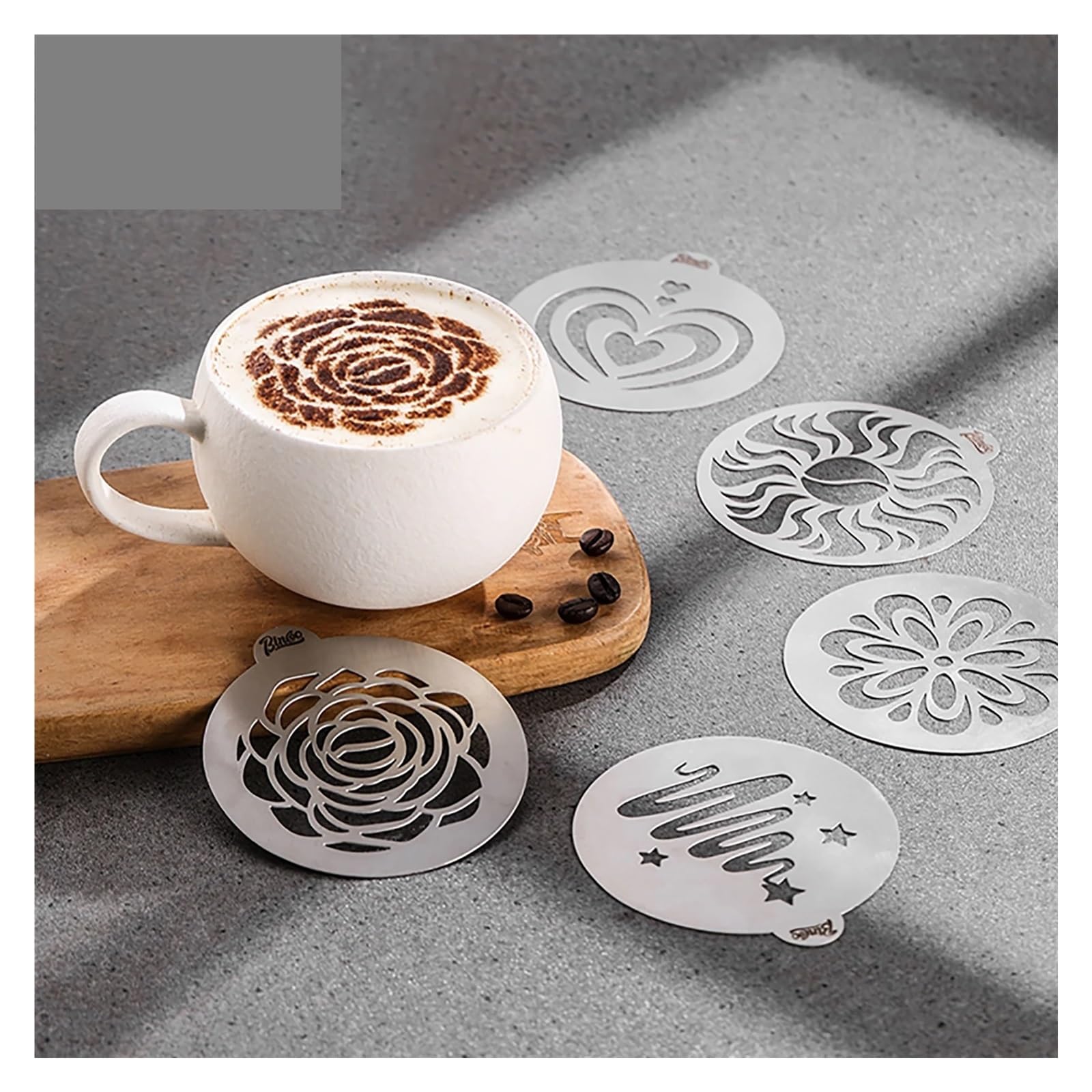 Pochoirs de décoration café en acier inoxydable, modèles Latte mousse, moule guirlande chocolat Cappuccino 5 pièces
