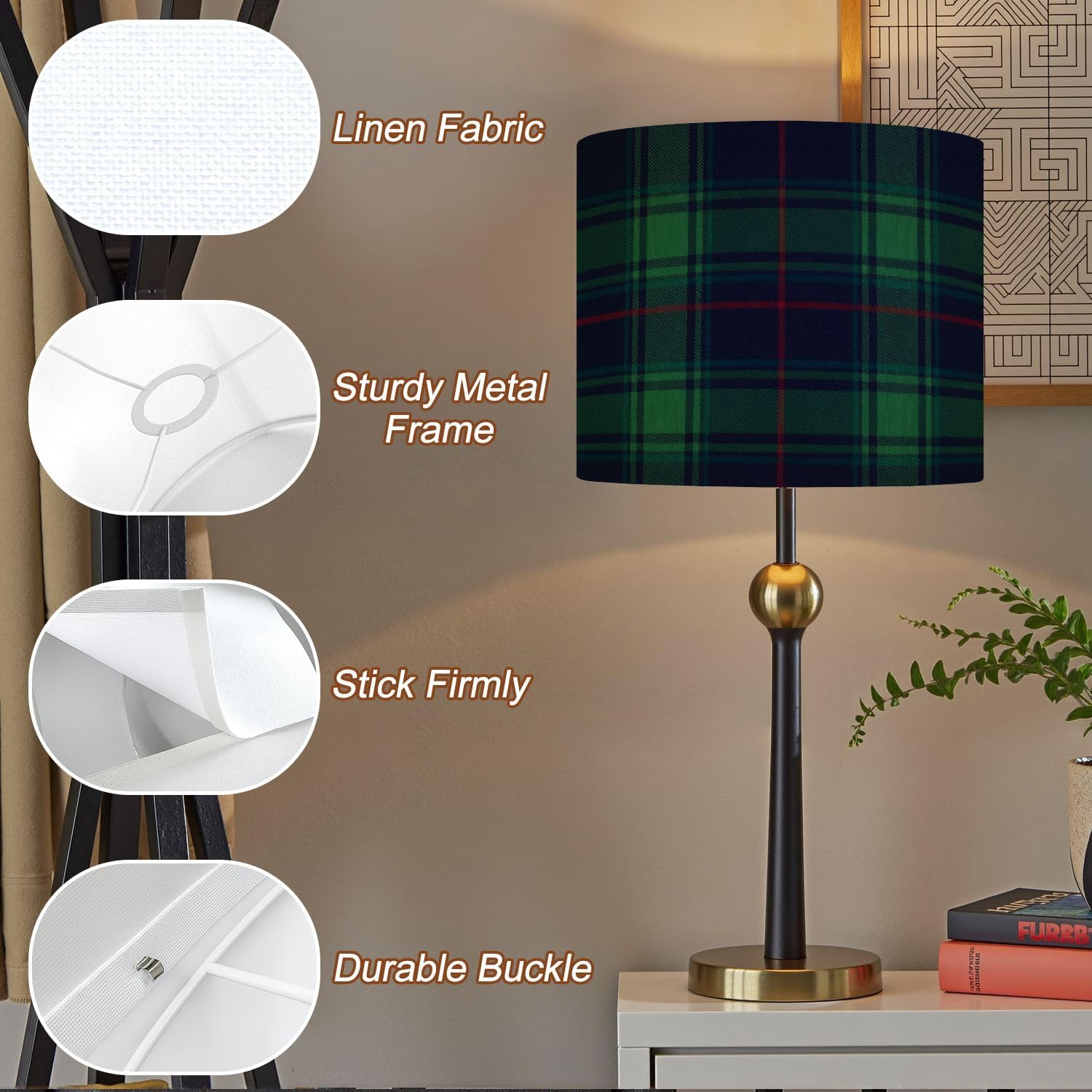 Lampshades Lamp Shades 11"x11"x9" Tartan plaid Christmas green red navy blue Dark classic large textured Light Shade for Table Lamps Floor Lamps Drum Lamp Shades Lampshade Replacement