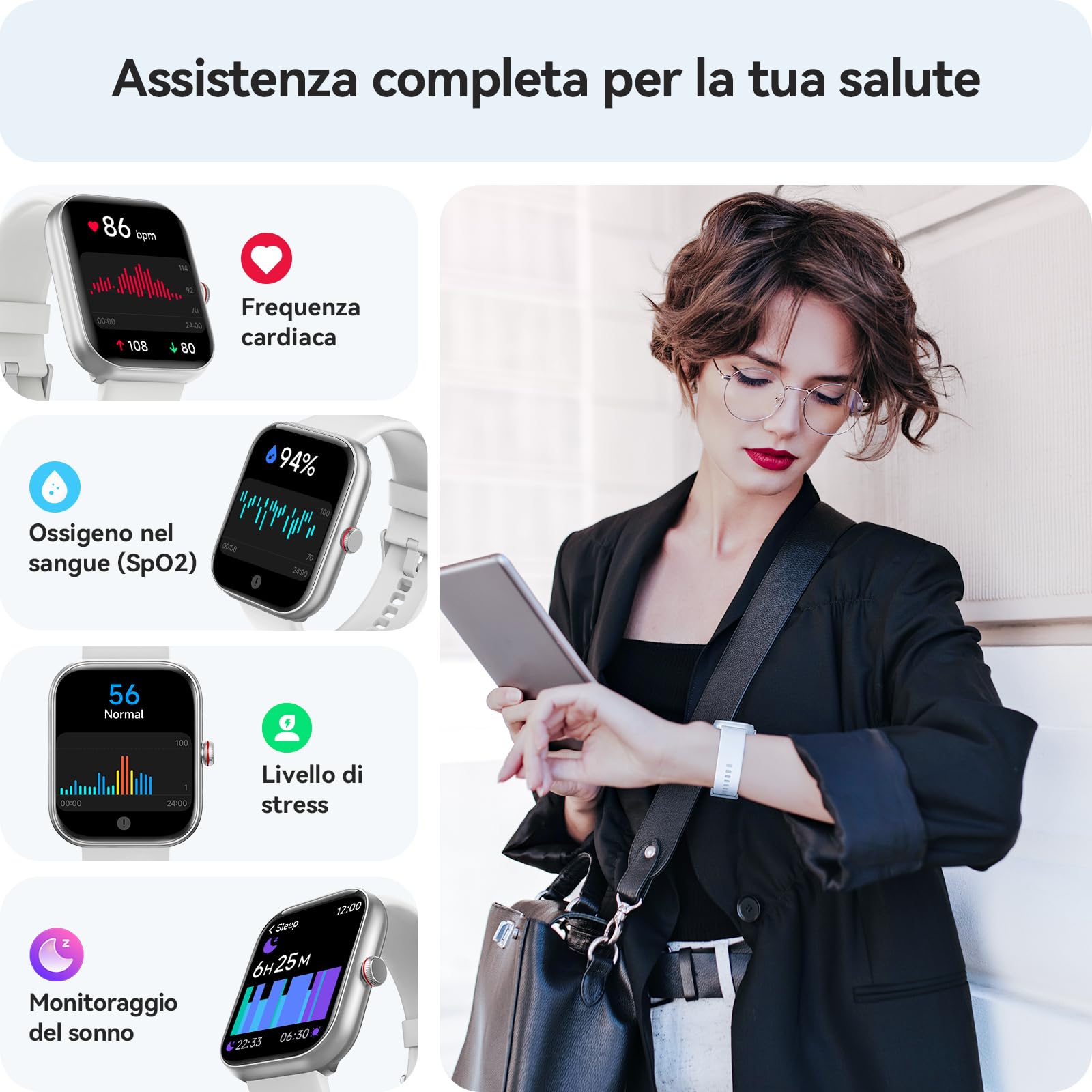 Smartwatch Uomo Donna, 1.91" Orologio Smartwatch con Chiamate Bluetooth e Alexa, Fitness Tracker con Contapassi, Cardiofrequenzimetro/Sonno/SpO2/110 Sportive, IP68 Smart Watch per Android iOS Bianco