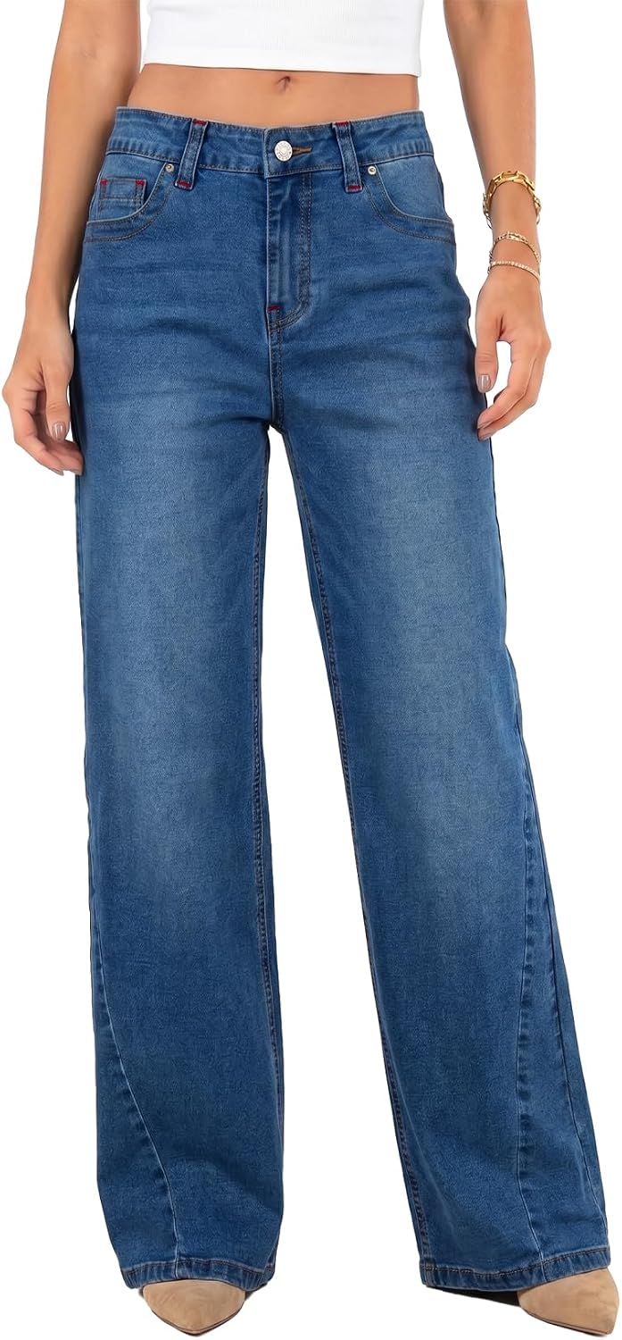Astylish Womens High Waist Wide Leg Straight Jeans Sail Blue Size 8