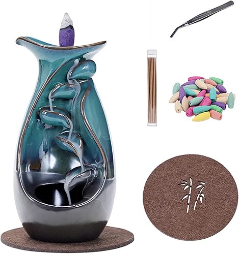 Soporte de incienso de cerámica con reflujo, quemador de incienso en cascada, con 20 conos de incienso de reflujo + 30 varillas de incienso, adorno