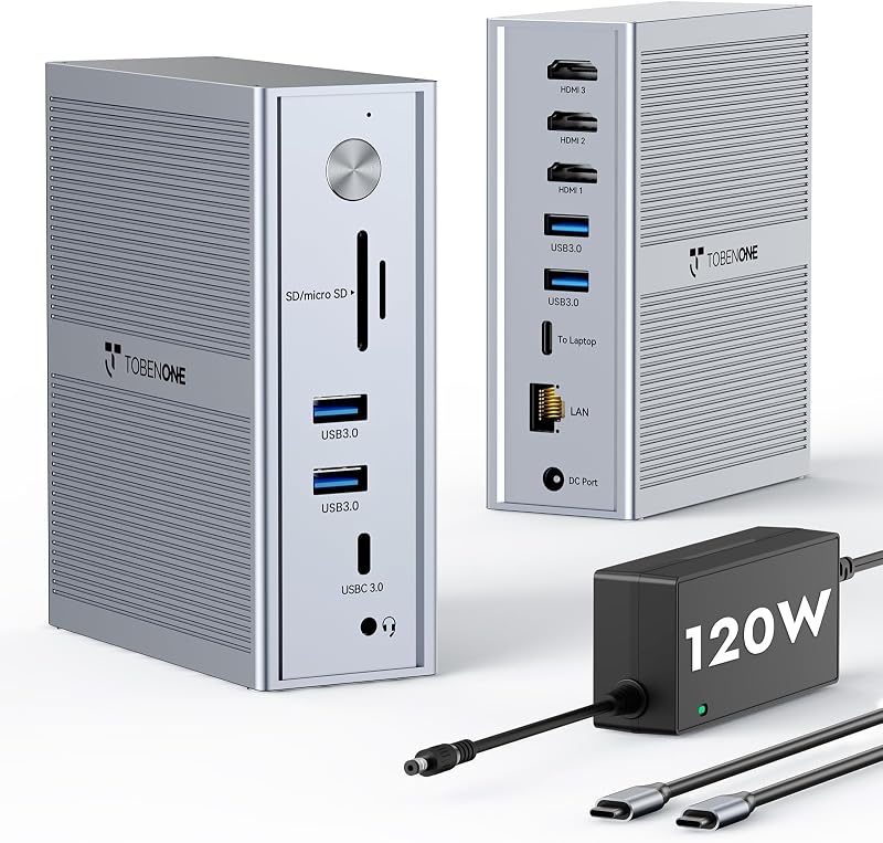 TobenONE USB C Laptop Docking Station 3 Monitors, Triple 4K DisplayLink | 120W Power Adapter, 3X HDMI, 5X USB, Gigabit Etherne, for MacBook M1-M5/Windows Owners,Professional Multitasking,Home Office