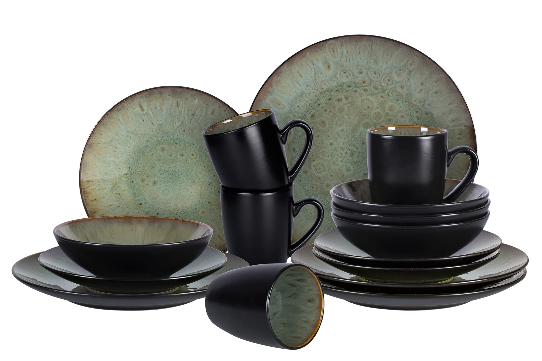 Home VSS, Stoneware Dinner Set Reactive Glaze (16pc Set, Java Green)