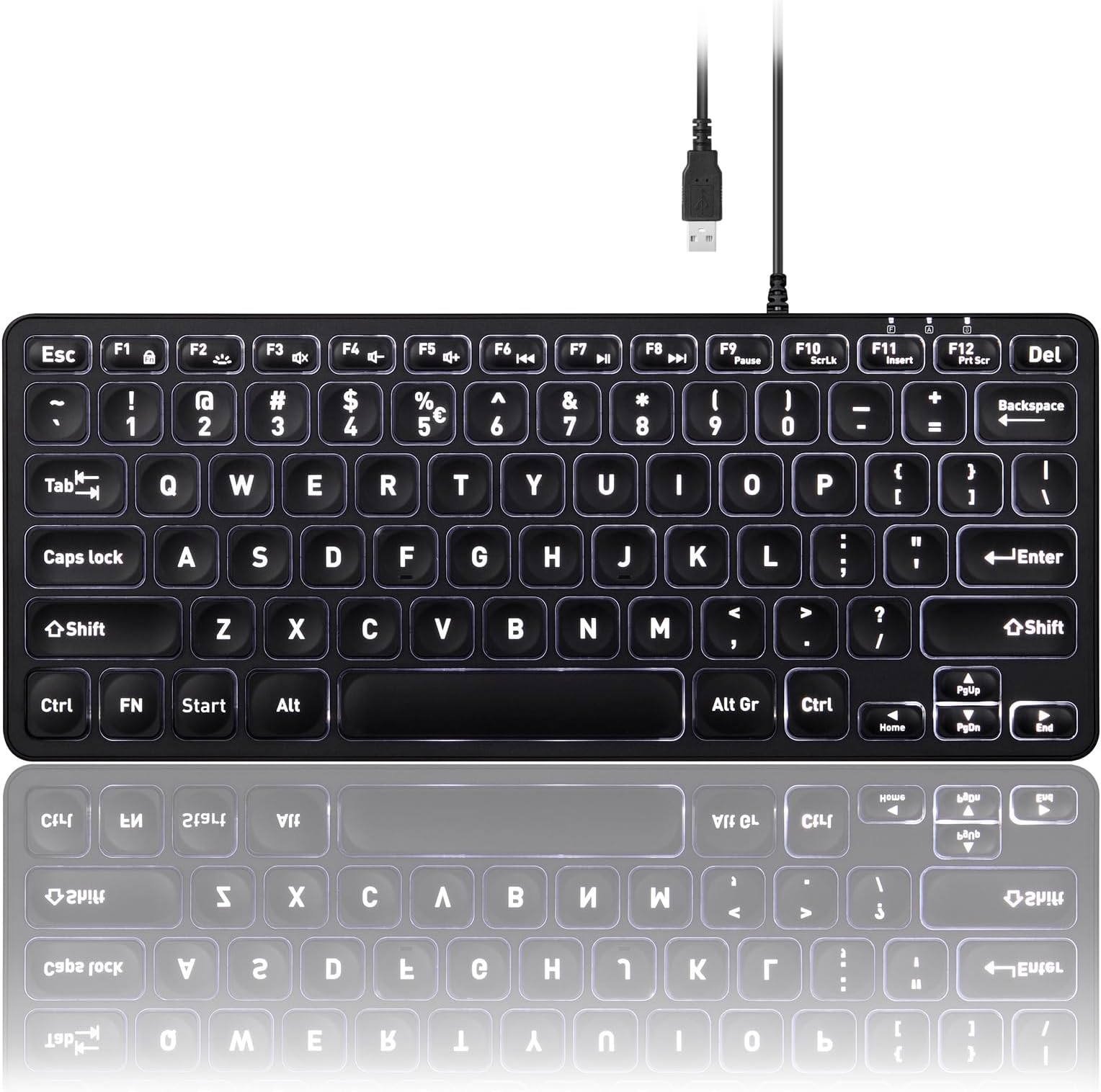 PERIBOARD-332 Wired Backlit USB Keyboard - Mini 11.22x4.57x0.83 Inches - Slim Scissor Keys with Big Font - White Illuminated LED - US English