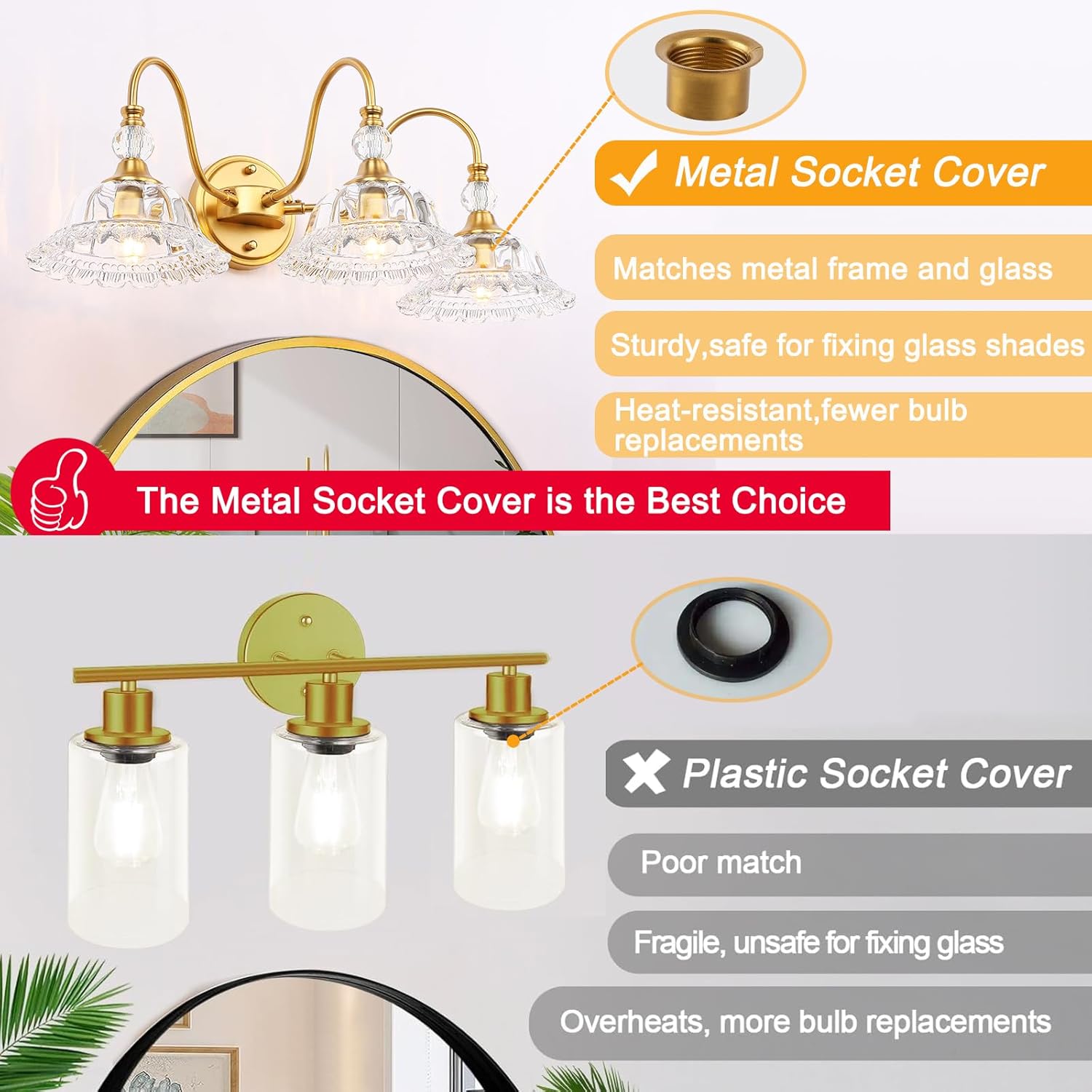 Gold Bathroom Vanity Light Fixtures 2 Lights Vanity Lights for Bathroom with Floral Crystal Glass Shade Modern Wall Lighting Fixtures Over Mirror(Exclude E26 Bulb)