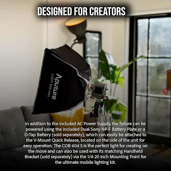 Aputure Amaran COB 60D S Point Source LED 65W Daylight with Full-Size Universal Bowens Mount, Featuring Integrated Sidus Mesh Technology, and Dual-Blue LED Chipset Design