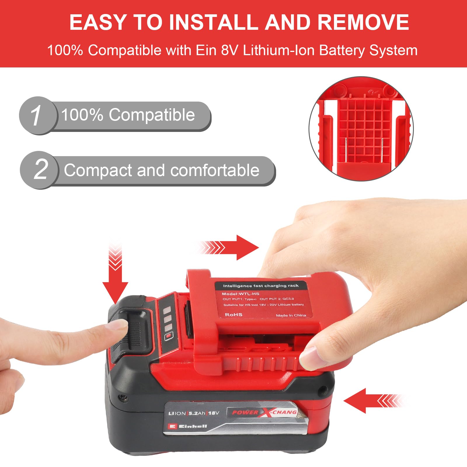 QUPERR 2 szt. Adapter USB kompatybilny z Einhell Power X-Change 18V | Podwójny port USB i USB-C z szybkim ładowaniem, kompatybilny z akumulatorami Einhell Power X-Change 18V