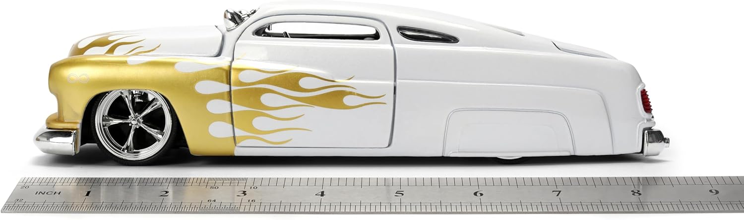 Jada Toys Bigtime Muscle 1:24 1951 Mercury Die-cast Car – Opening Doors, Hood, Trunk, Rubber Tires(White/Gold Flames)