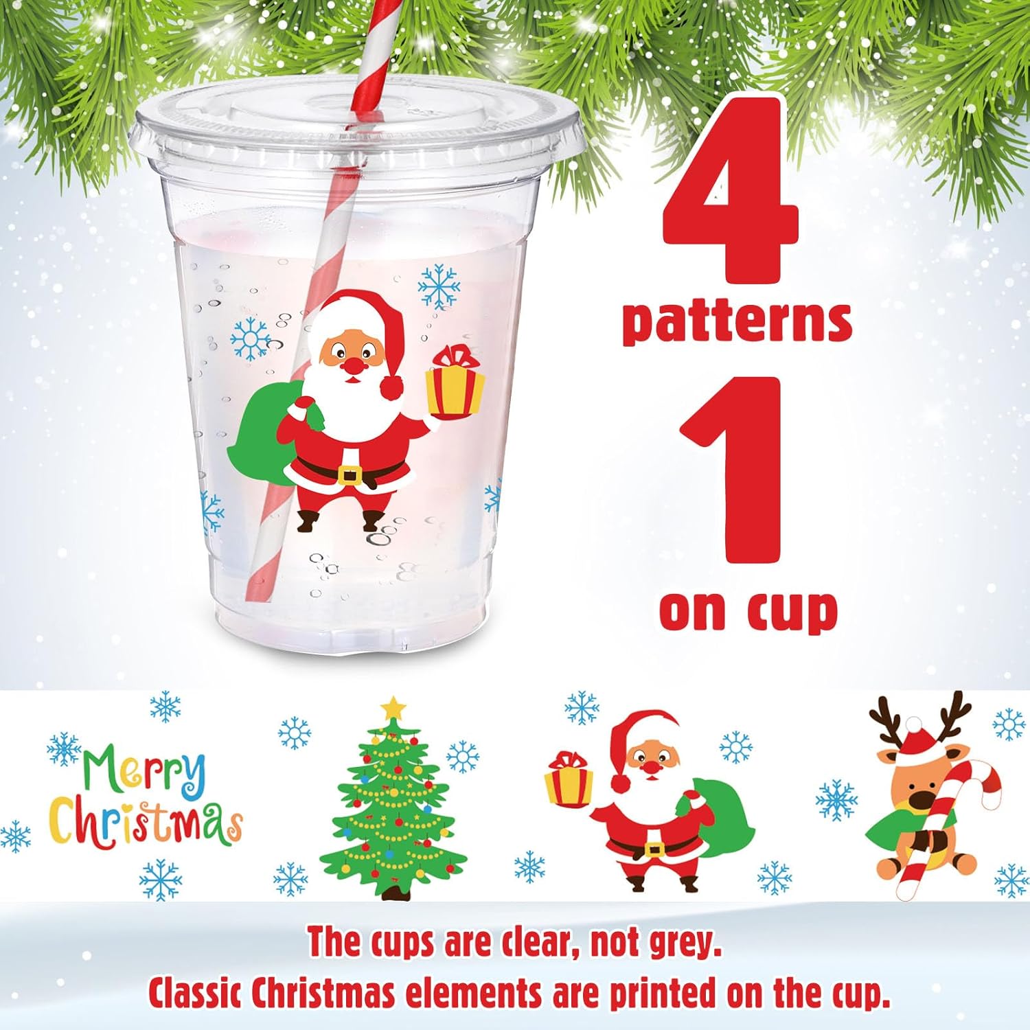 Sliner 50 Sets Christmas Disposable Plastic Cups with Lids and Paper Straws 16 oz Merry Christmas Clear Cold Beverage Drinking Cups for Xmas Holiday Party Supplies - Image 3