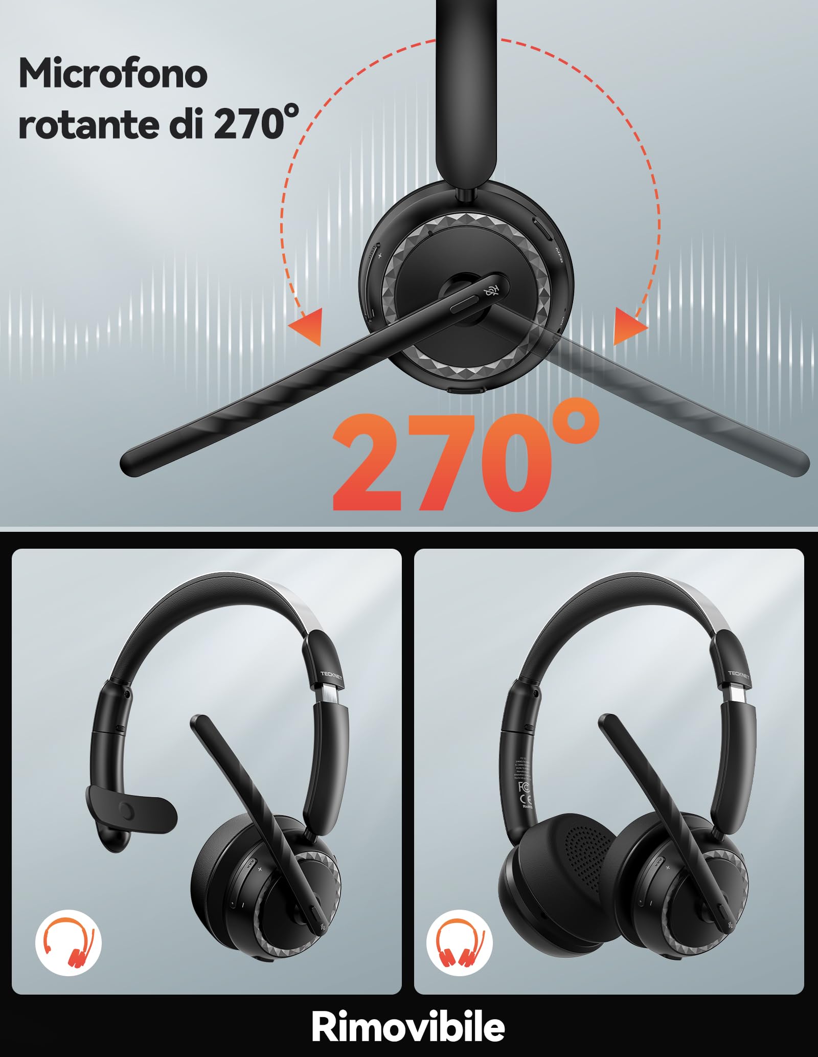 TECKNET V5.3 - Cuffie Bluetooth con microfono, cuffie wireless con microfono AI cancellazione del rumore, stazione di ricarica, dongle USB, batteria 55+ ore, ricaricabili, per ufficio, casa