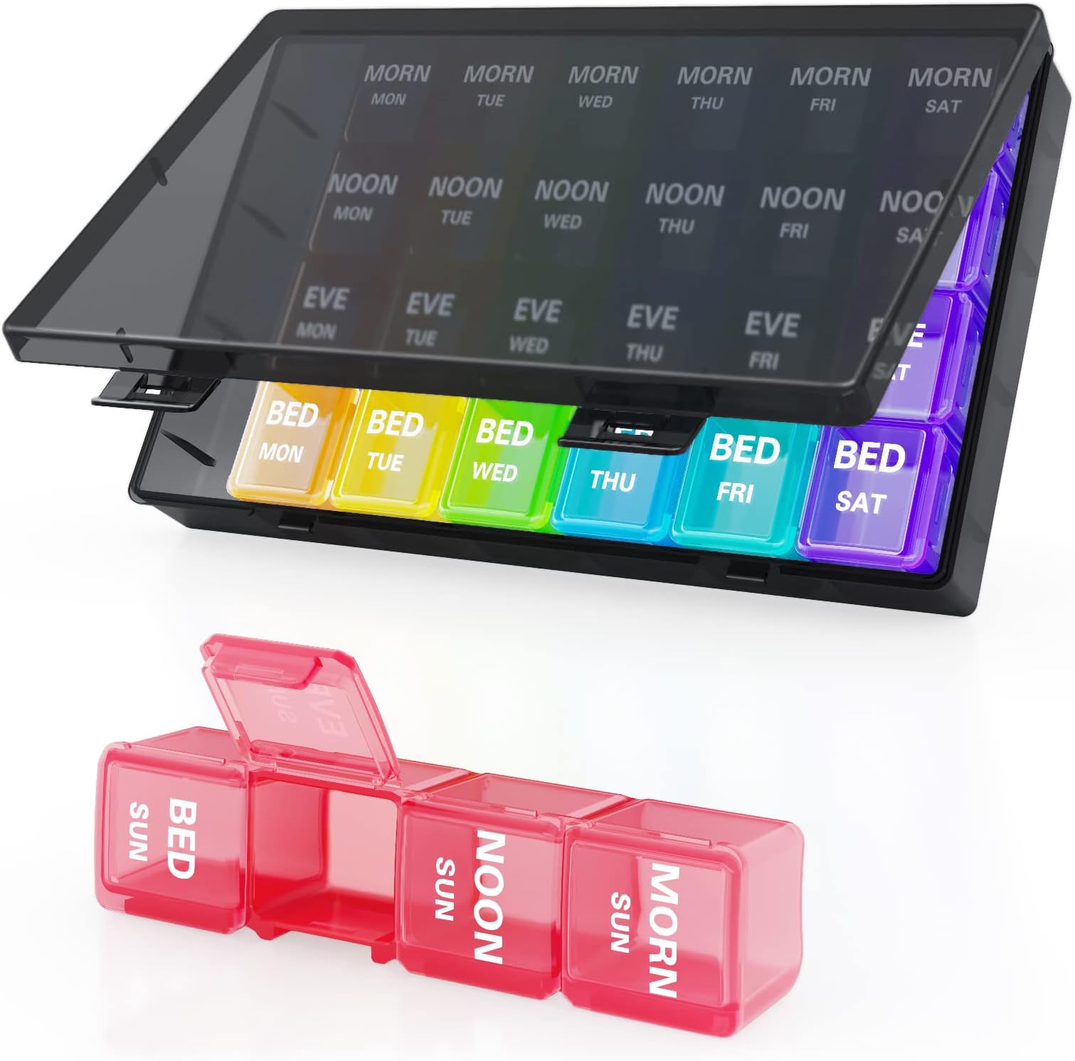 Large Weekly Pill Organizer 4 Times a Day, Barhon 7 Days Pill Boxes with Dust-Proof Container, Big Letters Medicine Organizer Case for Vitamin Fish Oil Supplement(Rainbow)