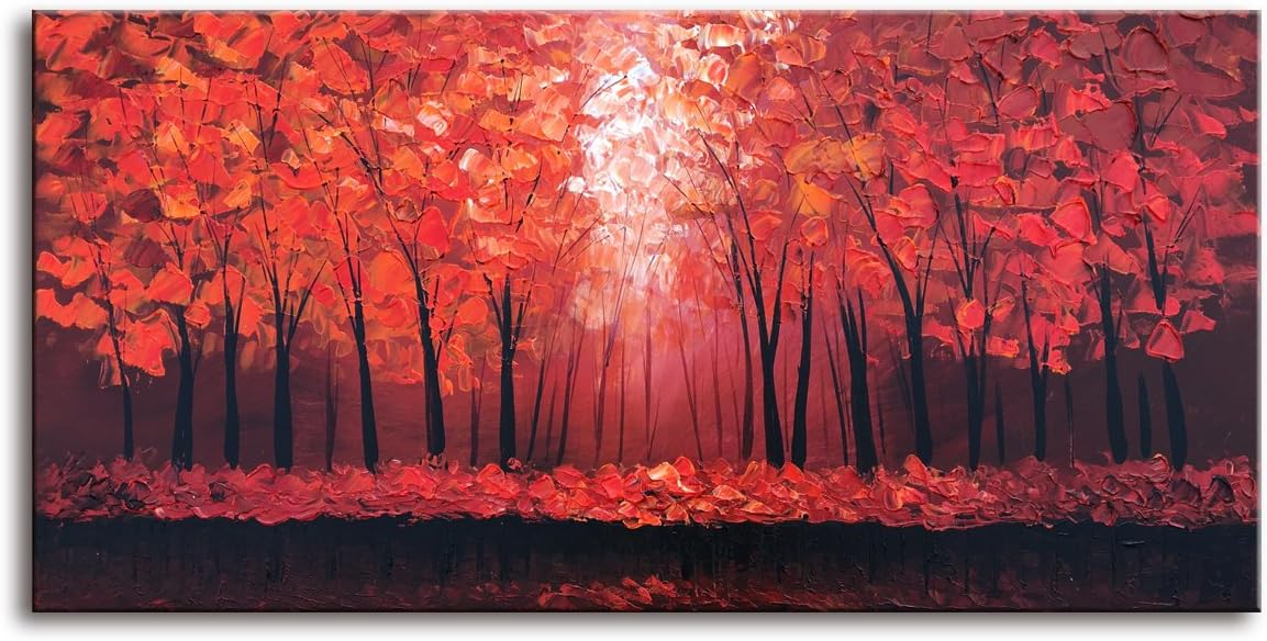 MyArton Oil Painting Abstract Modern Contemporary Wall Decor Landscape Art on Stretched Canvas Red Tree Forest Ready to Hang 30x60inch