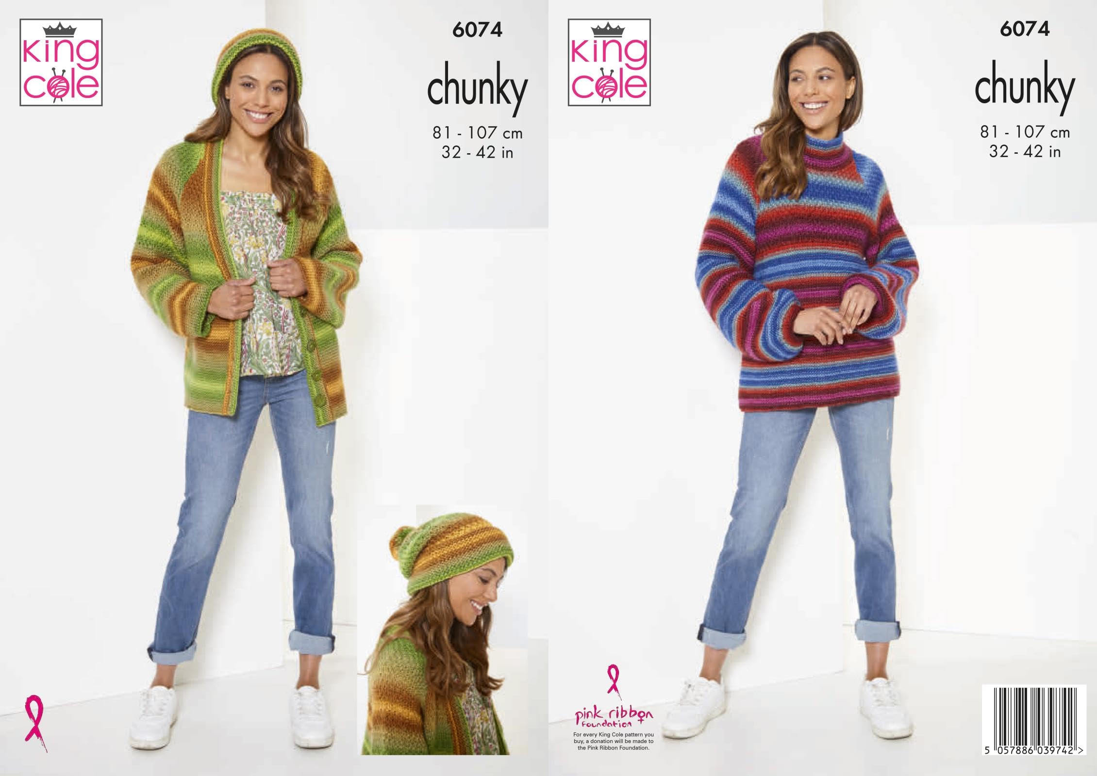 King Cole Ladies Chunky Knitting Pattern Sweater, Cardigan & Hat (6074)