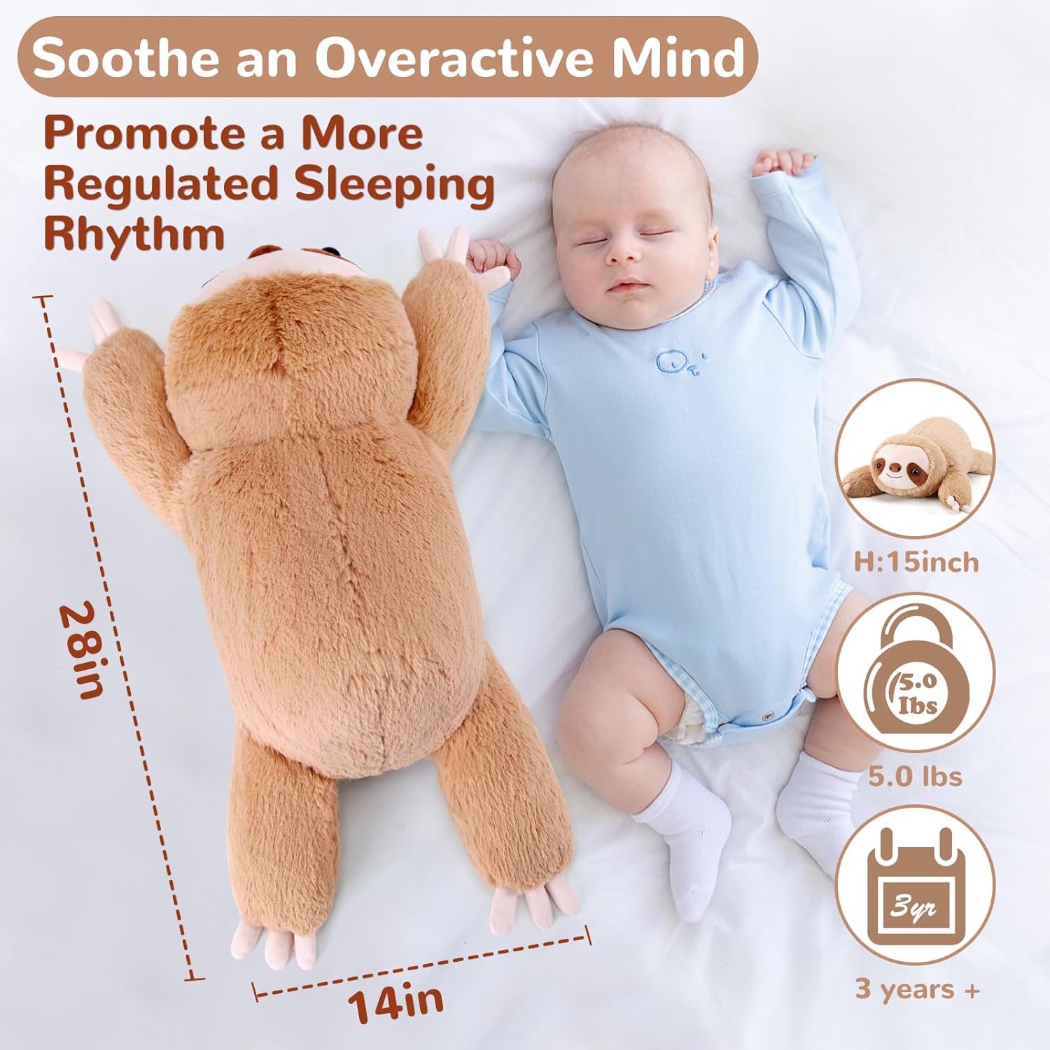 Sloth Weighted Stuffed Animals - 28 Inch 5.0 Pounds Weighted Plushies Sloth Stuffed Animal - Large Plush Pillow - Cute Plush Toy Gifts for Kids & Adults (28" 5.0 lbs) - Image 5