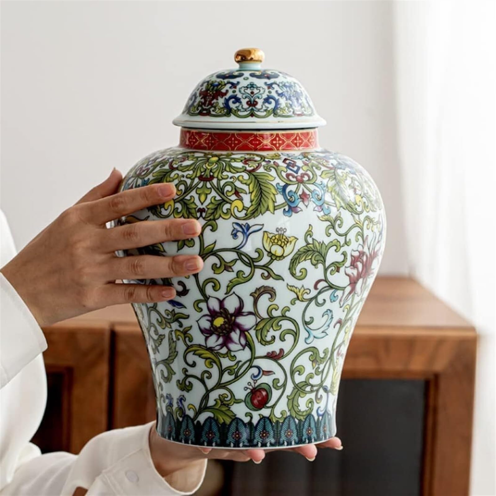 Porcelanowy wazon na słoik imbirowy - dekoracyjny ceramiczny wazon na kwiaty z pokrywką, wzór chińskiej świątyni