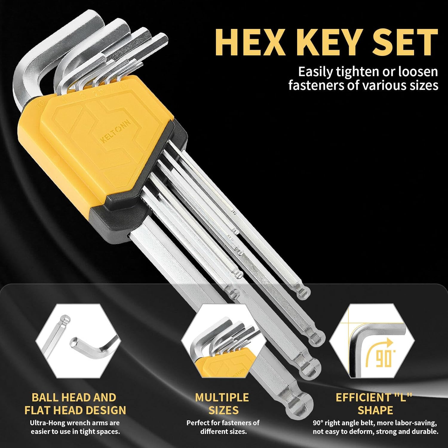 Hex Key Set Allen Wrench Set Ball End Cr-V Steel – 9PCS Metric Allen Wrenches, Chrome Vanadium Steel, 1.5–10mm, 6.7in, Silver Finish, for Furniture Building, Equipment Repairs, DIY Projects
