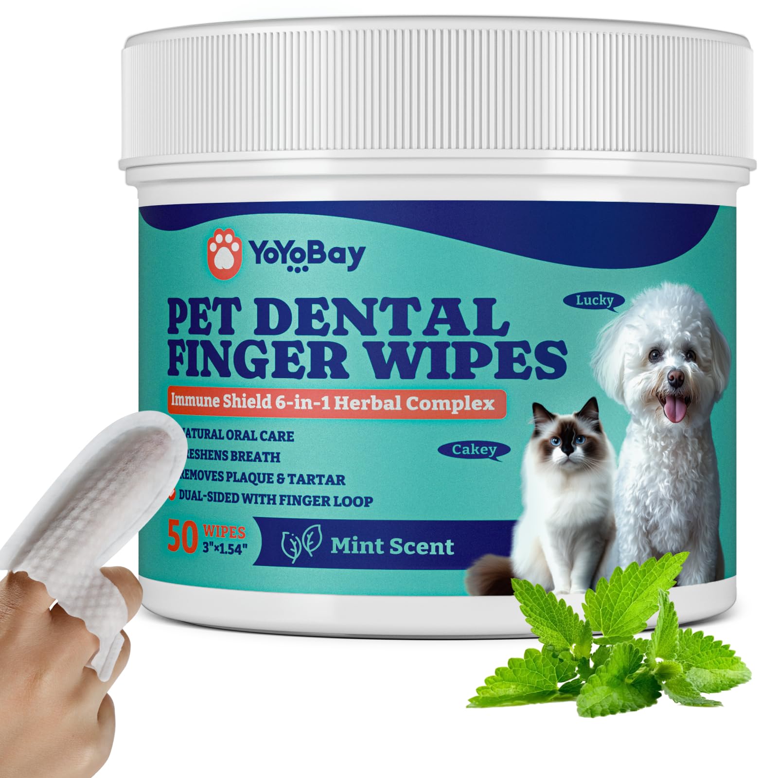 Dog Teeth Cleaning Wipes, Pet Finger Dental Wipes for Dogs &amp; Cats, Dual-Sided, 6-in-1 Herbal Formula, Remove Plaque &amp; Tartar, Freshen Breath, No-Rinse Toothbrushing Wipes - 50 PCS, Mint Flavor