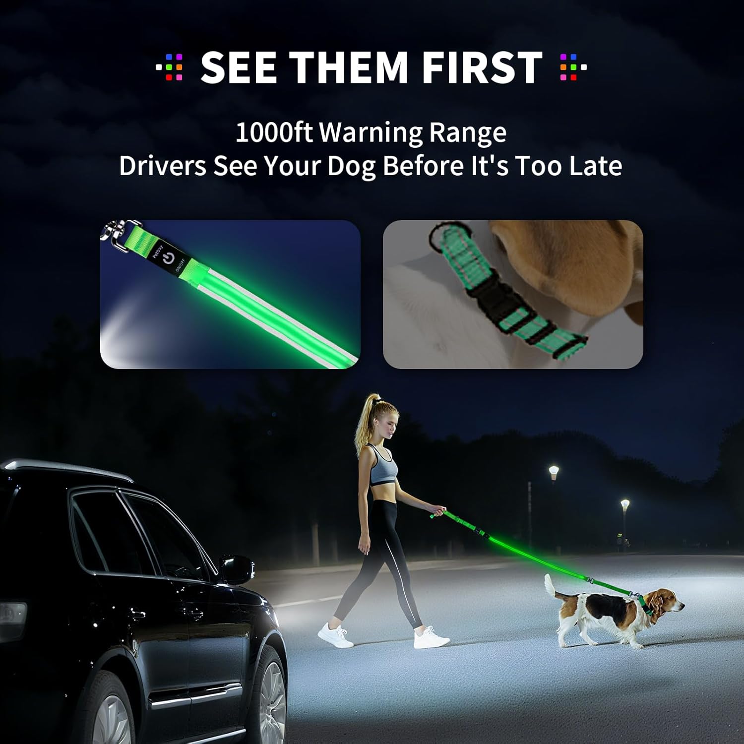 PetIsay Night Walking LED Dog Leash - 6FT Reflective & Waterproof Light Up Safety Leashes for Dogs - USB Rechargeable, Pink