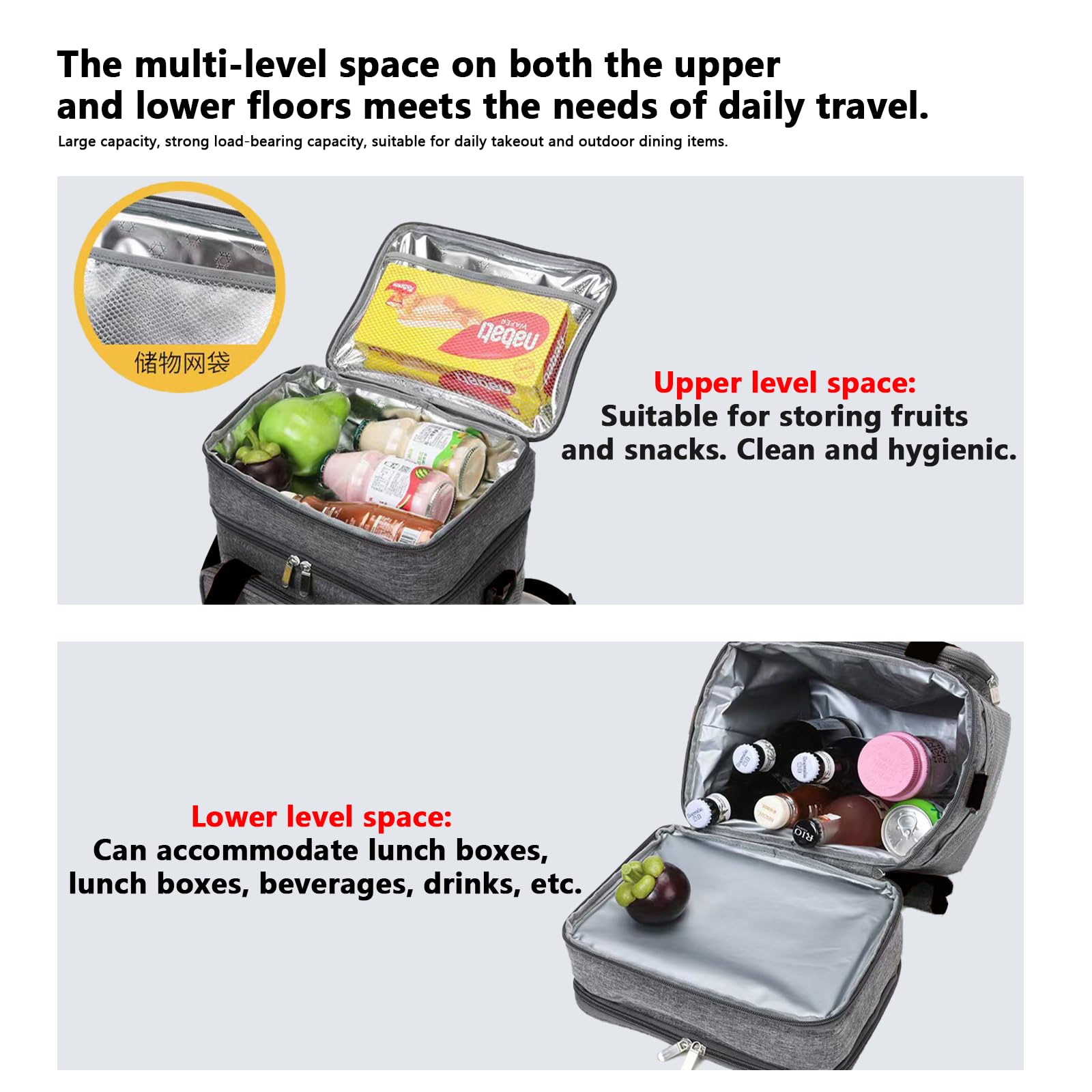 18 l Lunchbox für Herren, doppelstöckige Lunchtasche, weiche Kühltasche mit hartem Futter, isolierte Picknicktasche, auslaufsicher, mit Schultergurt, für Strand/Picknick/Reisen/Camping/Grillen