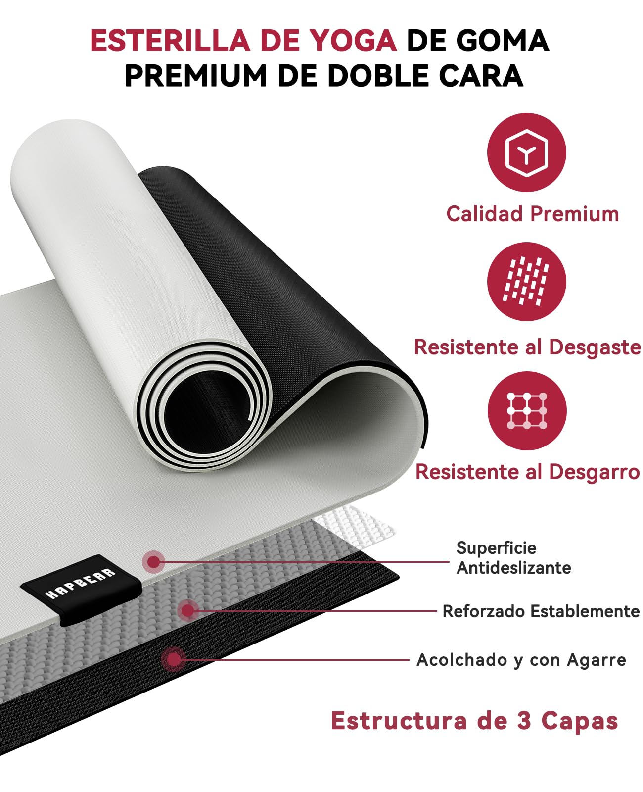 HAPBEAR Esterilla Yoga Grande, 183×76cm×5mm, con Correas de Velcro y Bolsa de Transporte, Antideslizante Colchoneta Deporte Fitness, Yoga Mat en Casa para Mujeres y Hombres