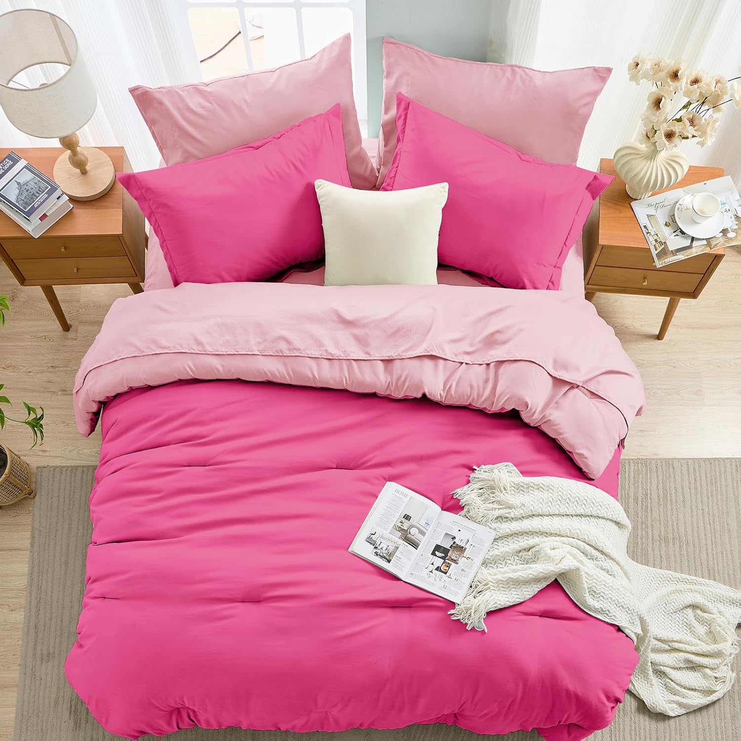 MUXHOMO 7 Pieces Queen Comforter Set, Soft Bed in a Bag Queen Size, All Season Bedding Set with Comforter, Flat Sheet, Fitted Sheet, Pillowcases & Shams, Hot Pink & Baby Pink - Image 8