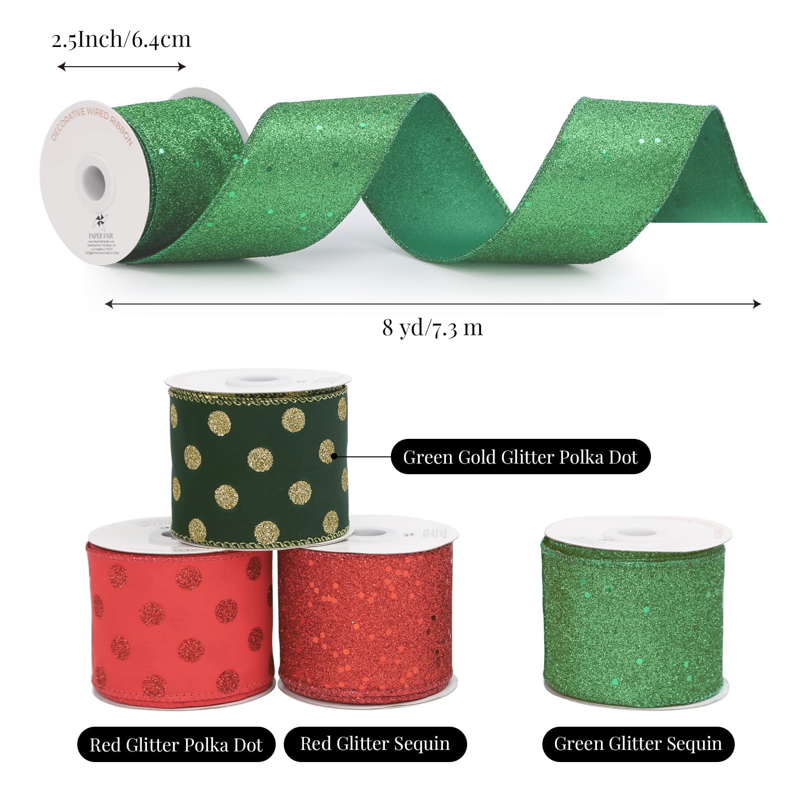 PAPER FAIR 4 rolki 32 jardów czerwono-zielony brokatowy świąteczny zestaw wstążek przewodowych, 6,5 cm x 25 m, satynowa wstążka jutowa do dekoracji choinki, pudełko do pakowania prezentów, kokarda,