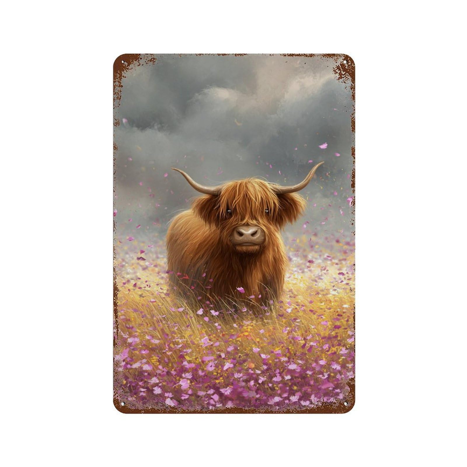 Highland Cow in Flower Field Retro Metal Sign 11.8"x7.9", Ideal for Cafe, Home Bar And Lounge Decor