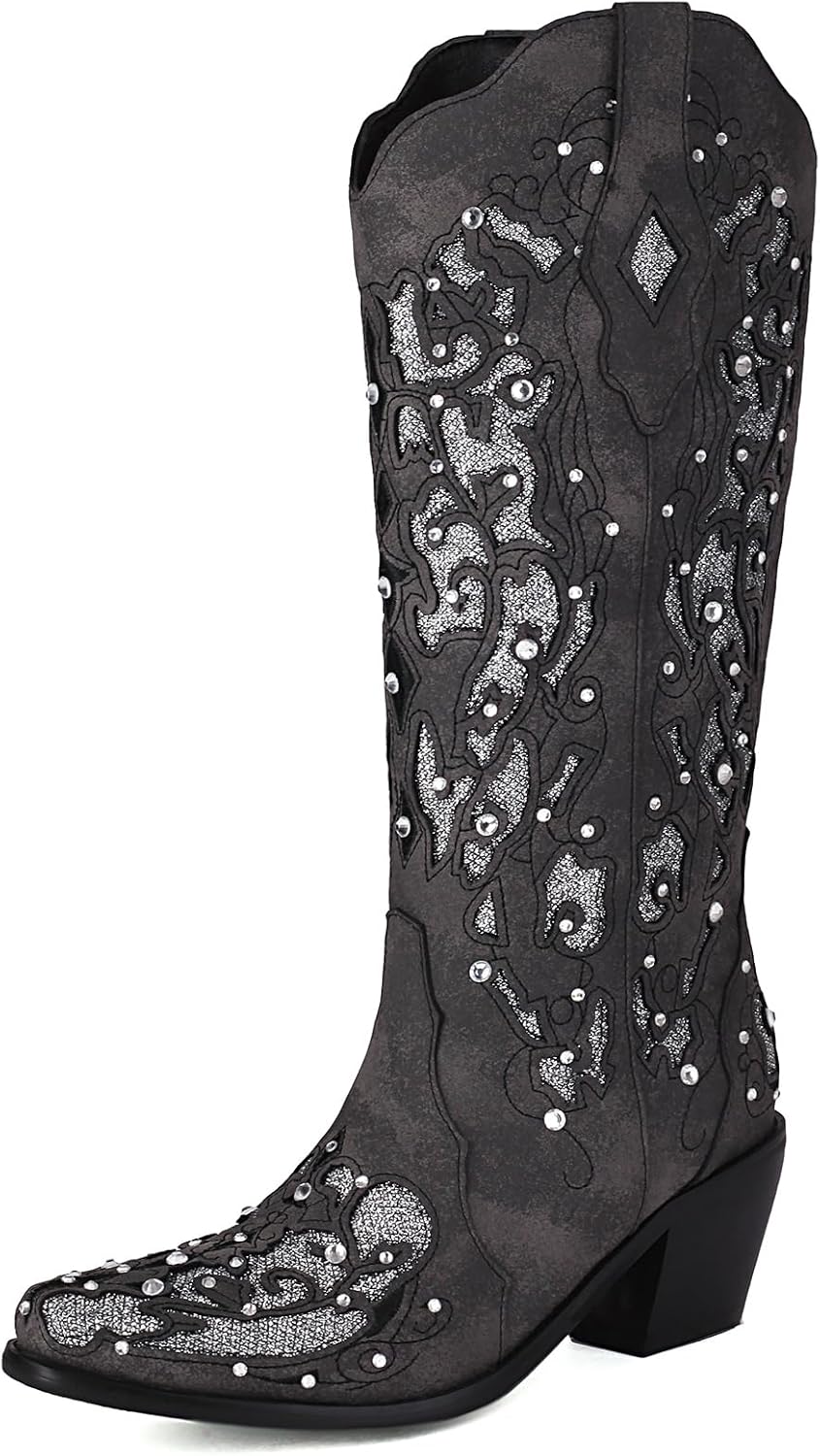 Women's Rhinestones Western Knee High Boots Glitter Sparkly Cowgirl Boots Embroidered Crystal Retro Black Cowboy Boots