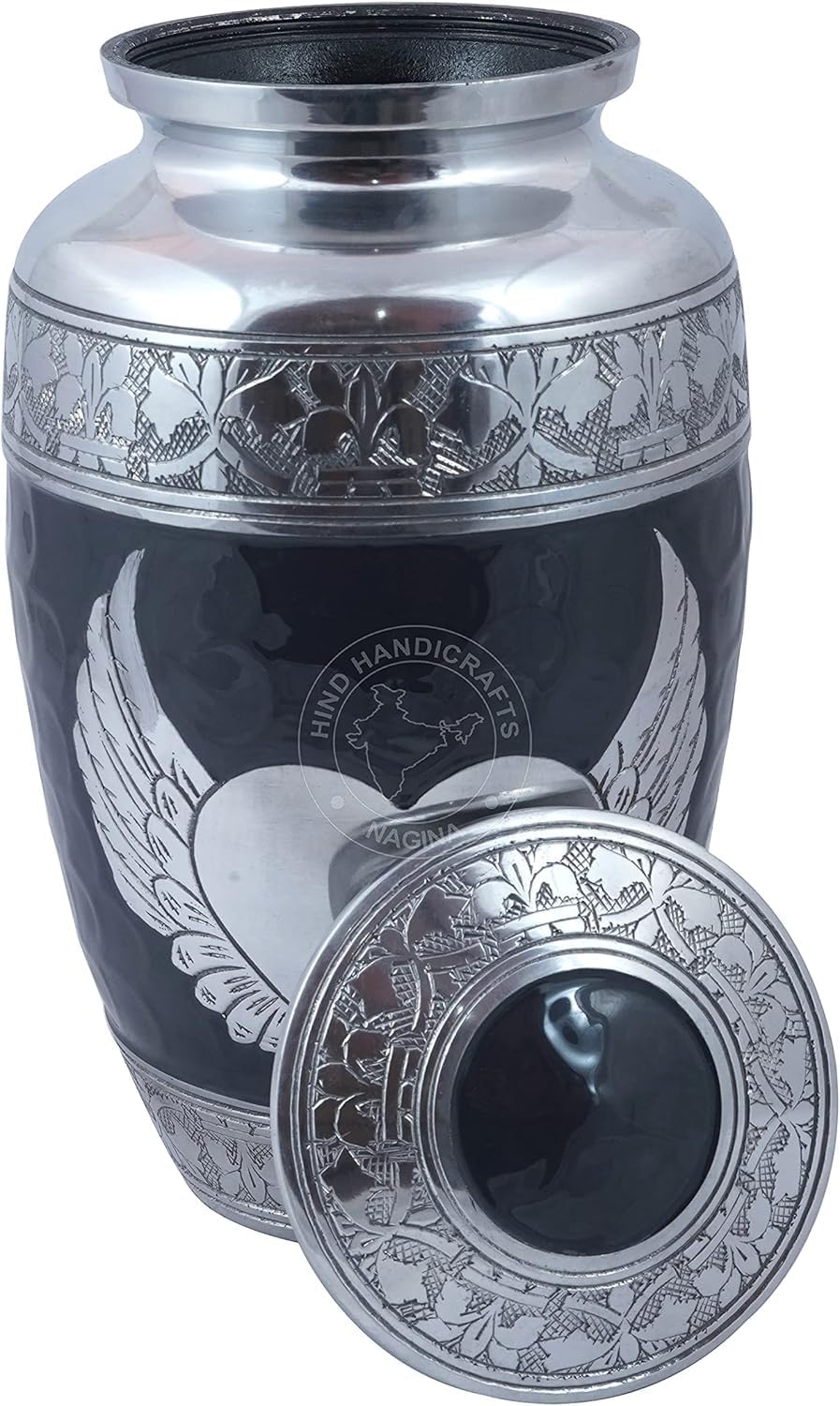 Silver Engraved Cremation Urn for Human Ashes Adult Funeral Urn Handcrafted - Large Burial Urn for Human Ashes - Bag Included (6.5" x 6.5" x 10.5", Angel Wing Heart-2)