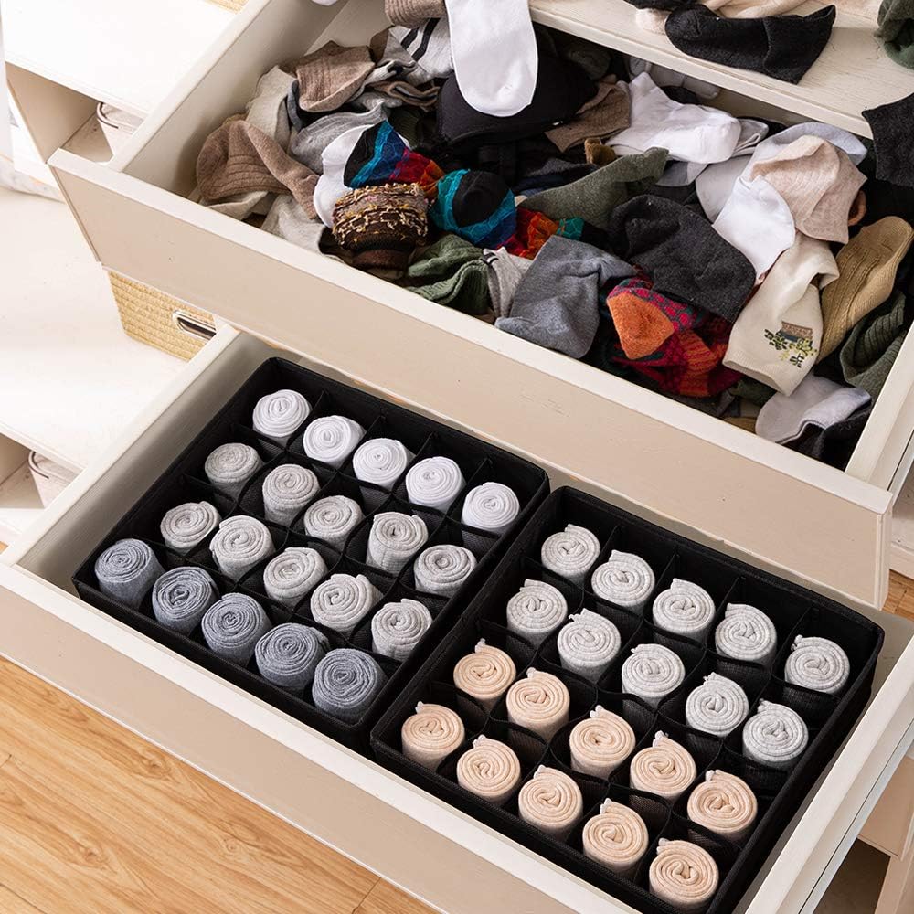 Wanapure 2 Pack Collapsible Sock Organizer Drawer Divider, 20 Cell Closet Cabinet Drawer Dividers, Foldable Storage Boxes Bins Case for Storing Socks, Lingeries, Stockings, Underwear (Black)