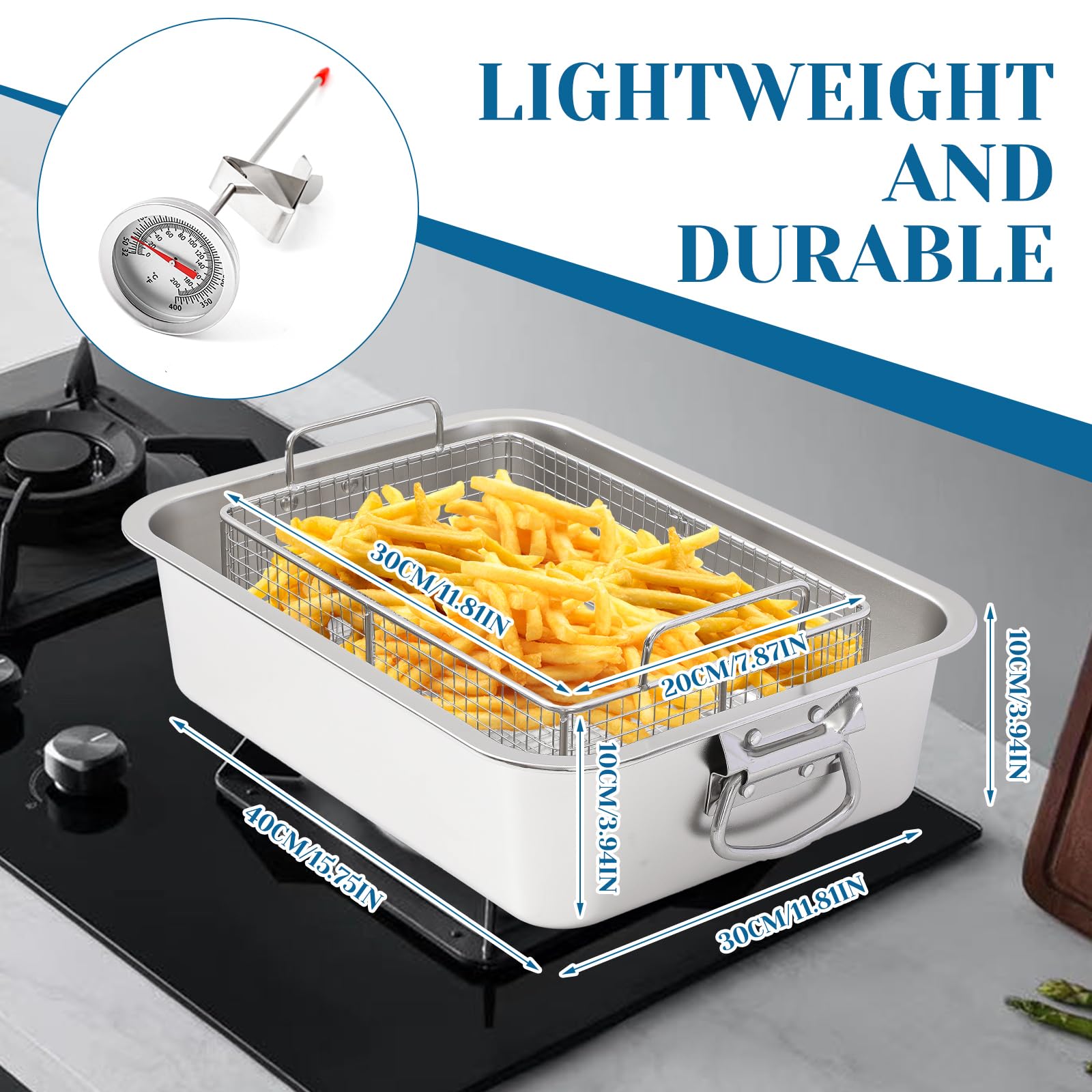 Teenyyou Sartén profunda con cesta de acero inoxidable de 10 cuartos de galón, freidora con cesta rectangular para perros de maíz con termómetro de aceite para cocinar patatas fritas pollo