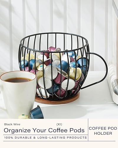 Miniatura 2 de getstar Soporte para cápsulas de café, accesorios de barra de café de alambre negro grande con base de madera de acacia