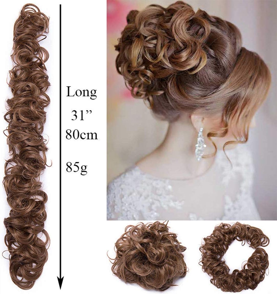Scrunchy Hair Extension Updo Clip in Bun Donut Hairpiece Drawstring Wrap Around Hair Extension Messy Wavy Curly Chignons Wig Medium Brown - Image 5