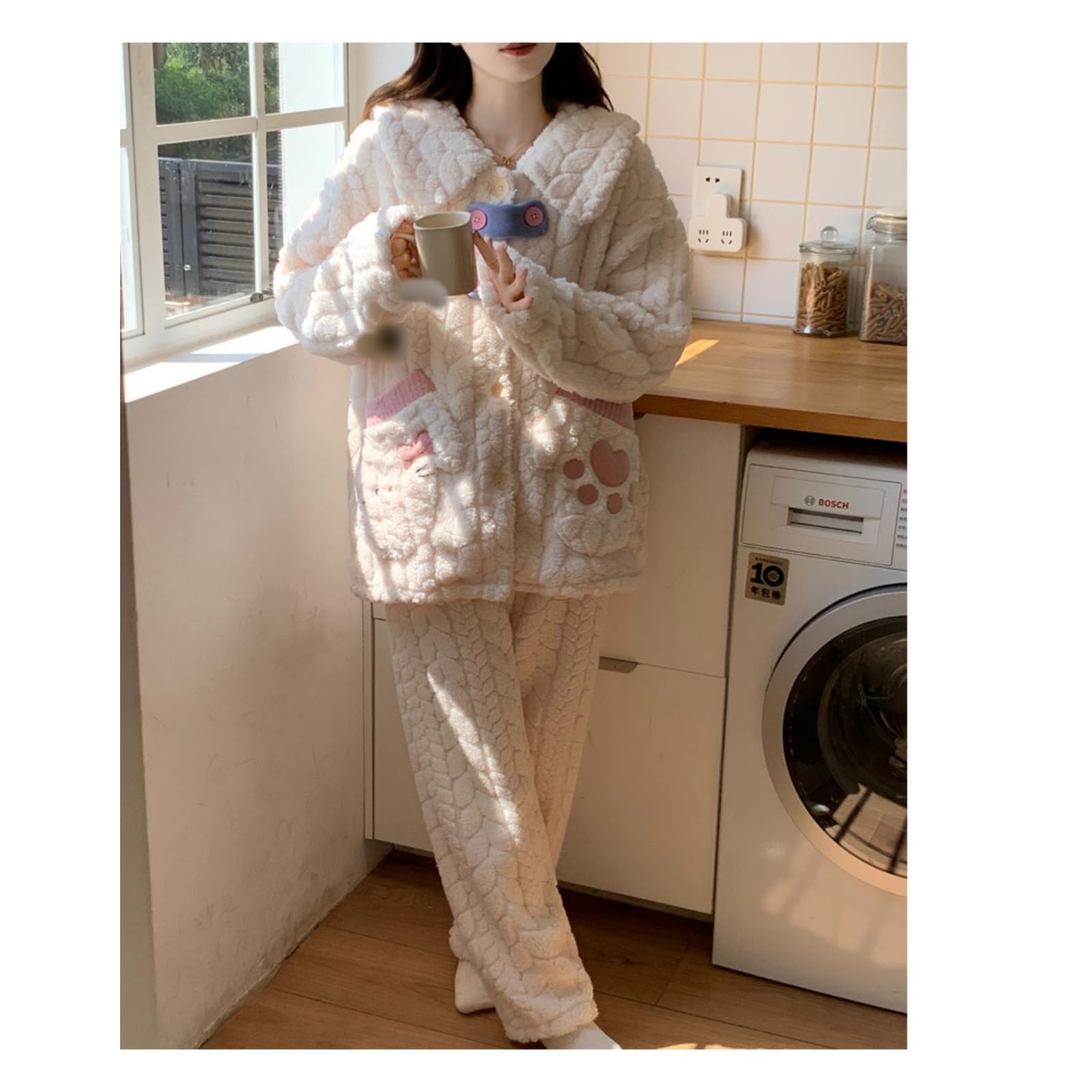 Pyjama Winterhose Süßes Mädchen Hauskleidung Anzug Langarm Großer Revers Jacquard Cardigan Pyjama Weiblich-beige C-m