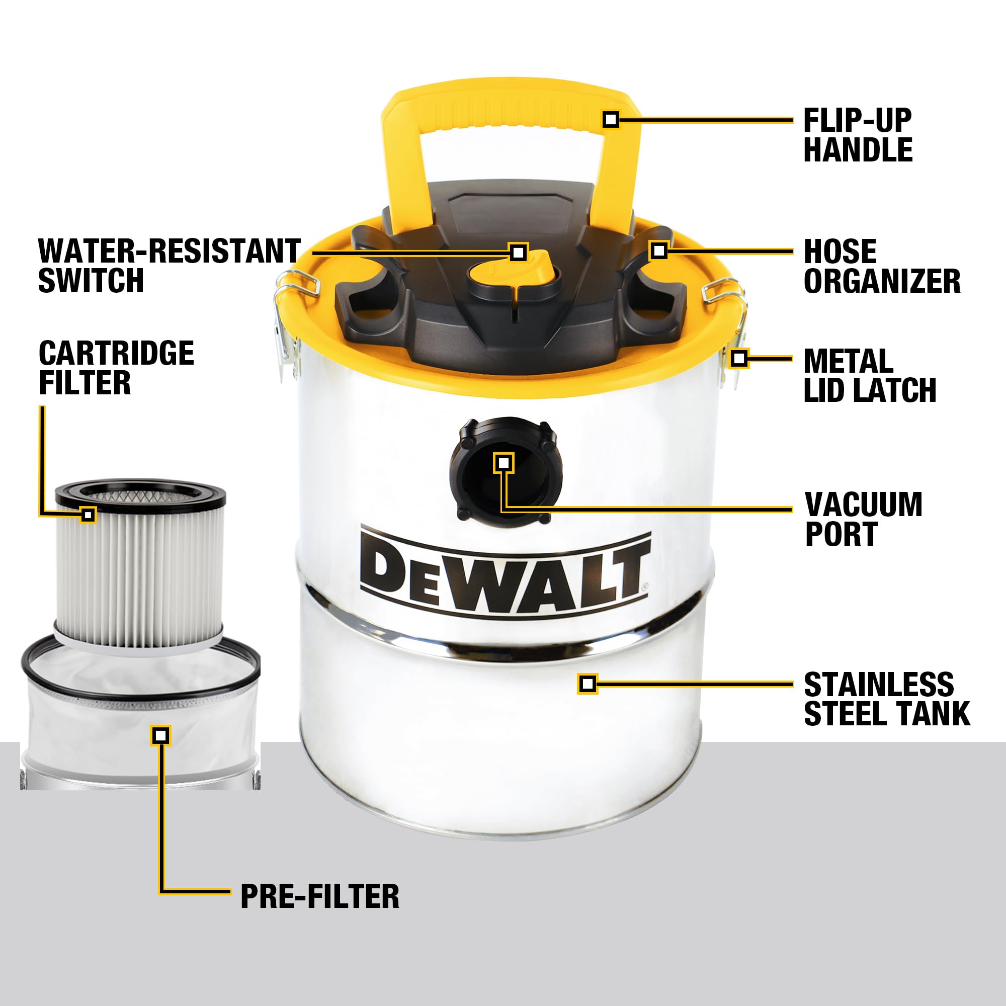 DEWALT DXV04A, recipiente de metal de 4 galones, motor potente de 4 CV, succión fuerte y filtración eficiente, aspiradora de ceniza segura para estufas de pellets, chimeneas y parrillas de barbacoa