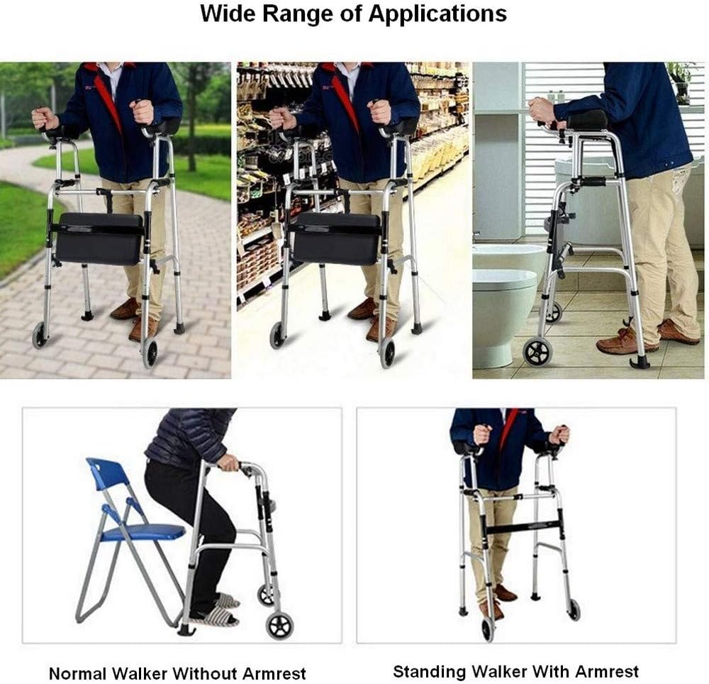 Stand Upright Walker with Handbrake, Stand Up Rollator Walker with Seat and Wheels, Padded Armrests Standard Walker,Height Adjustable Rolling Walker for Seniors, Foldable 4 Wheels Walkers + Seat + Bag : Health & Household