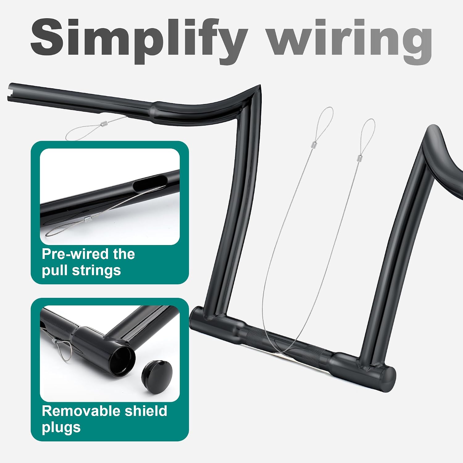 MoKitDora 14" Rise Ape Hanger 1-1/4" Fat 1" Clamp Chizeled Handlebar Z Bar for Harley Dyna Softail Sportster XL 883/1200, 1994-up Road King & 1998-2013 Road Glide, Black