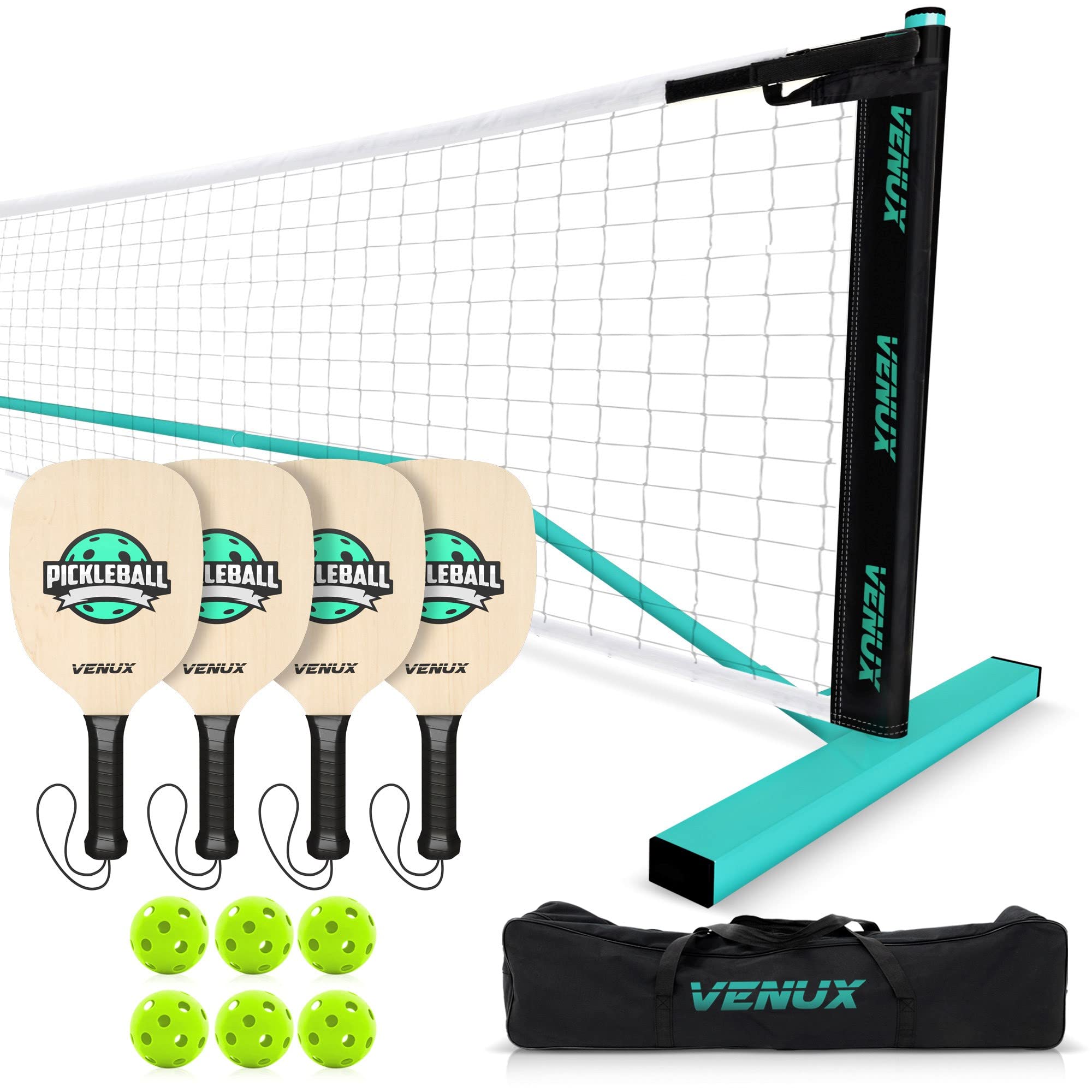 Photo 1 of VENUX Portable Pickleball Net Set- Professional Pickleball Net System Complete Set 4 Paddles 6 Balls + Carrying Bag Steel Metal Frame PE knotless Net Dual PVC Official Regulation Size