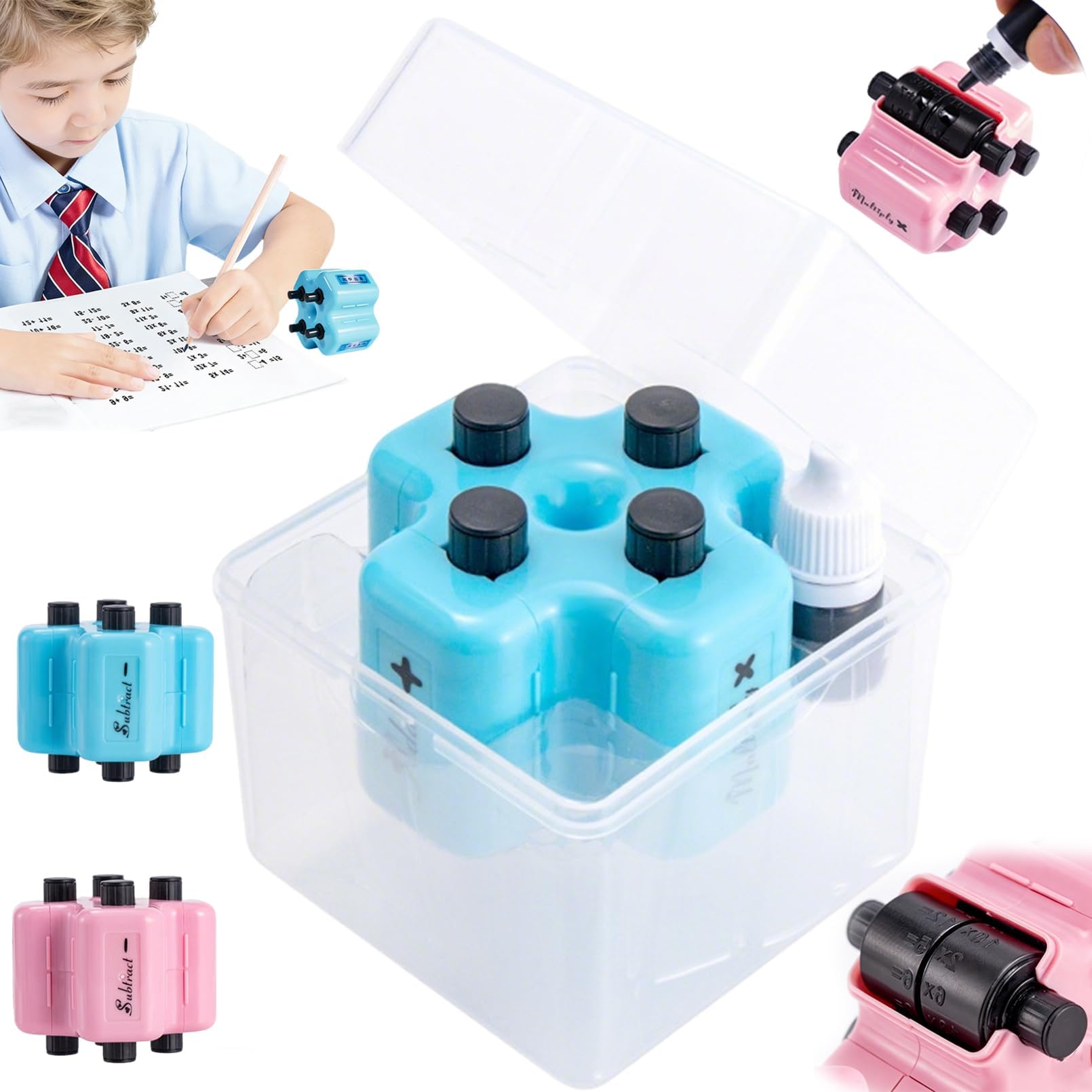 4-in-1 Math Roller Stamp – Reusable Educational Tool for Addition, Subtraction, Multiplication & Division, Time-Saving Digital Roller Stamp for Teachers & Parents (Blue)