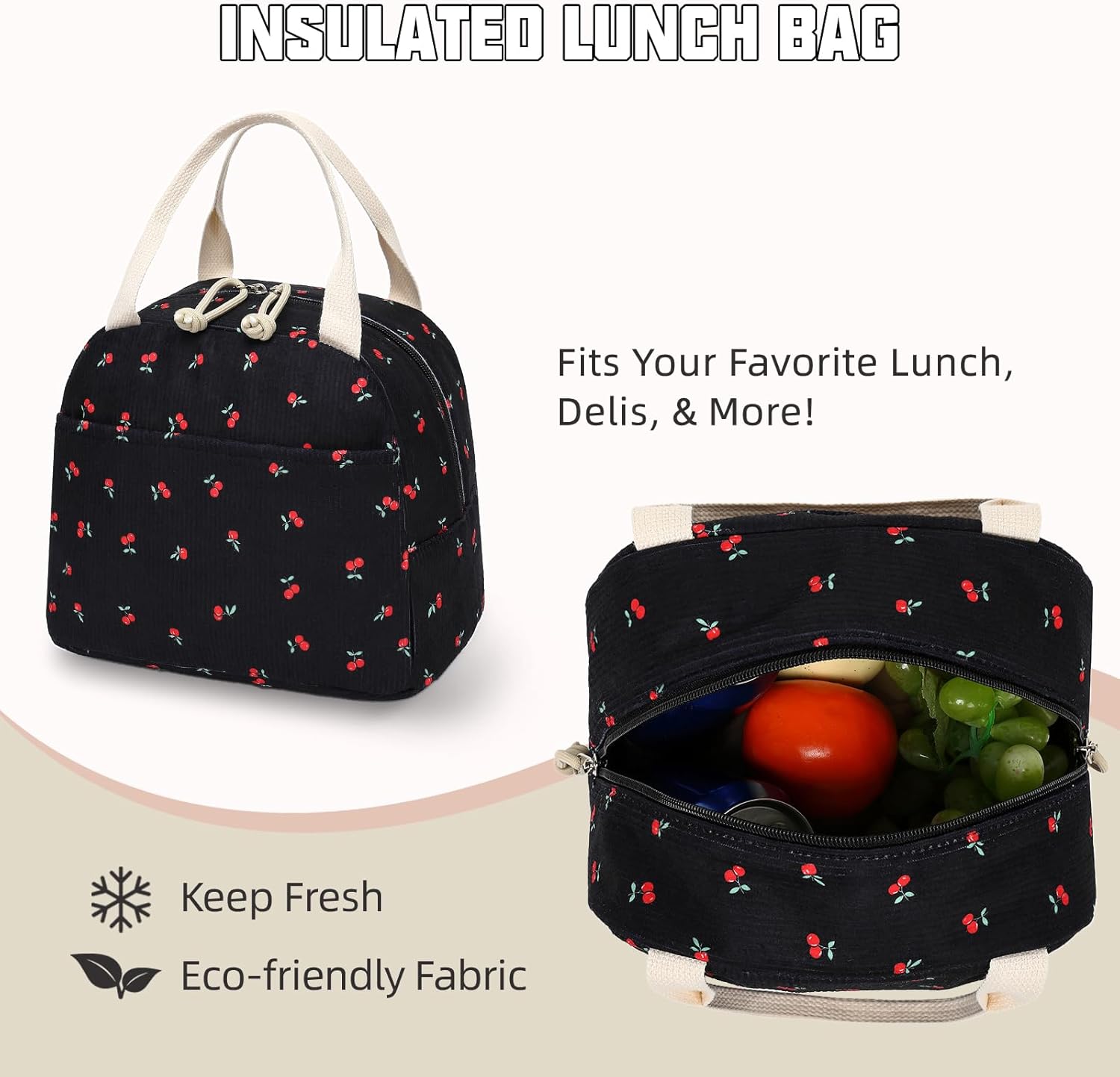 Corduroy Lunch Box for Women Girls, Lunch Tote Bags Reusable Insulated Cooler Lunchbag Large Capacity Lunchbox for School Work Travel Picnic (Cherry Black) - Image 4