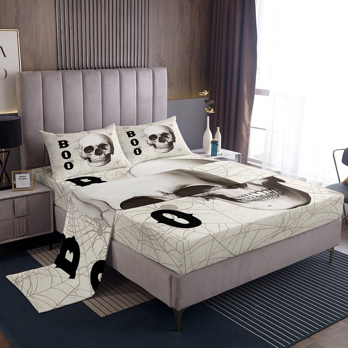 jejeloiu Twin Size Gothic Skull Bed Sheets Set for Kids Boys Girls Halloween Fitted Sheet Spider Bedding Set Bedroom Decor Breathable Soft Lightweight Microfiber 3Pcs