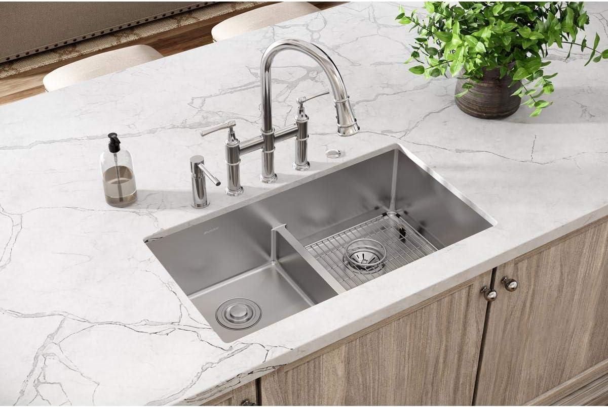 Elkay Crosstown ECTSRA33229TBG5 Equal Double Bowl Dual Mount Stainless Steel Kitchen Sink Kit with Aqua Divide