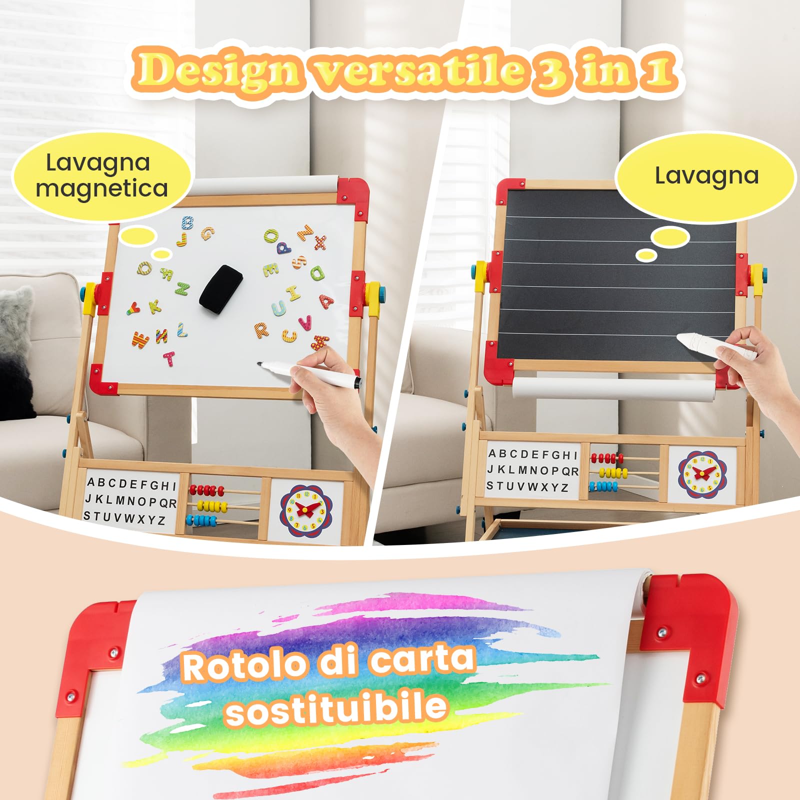 GYMAX Cavalletto Artistico in Legno per Bambini, Cavalletto per Pittura Bifacciale 3 in 1 con Lavagna, Lavagna Magnetica Girevole a 360°, Lettere Magnetiche, Abaco e Gomma, 62 x 45 x 118 cm