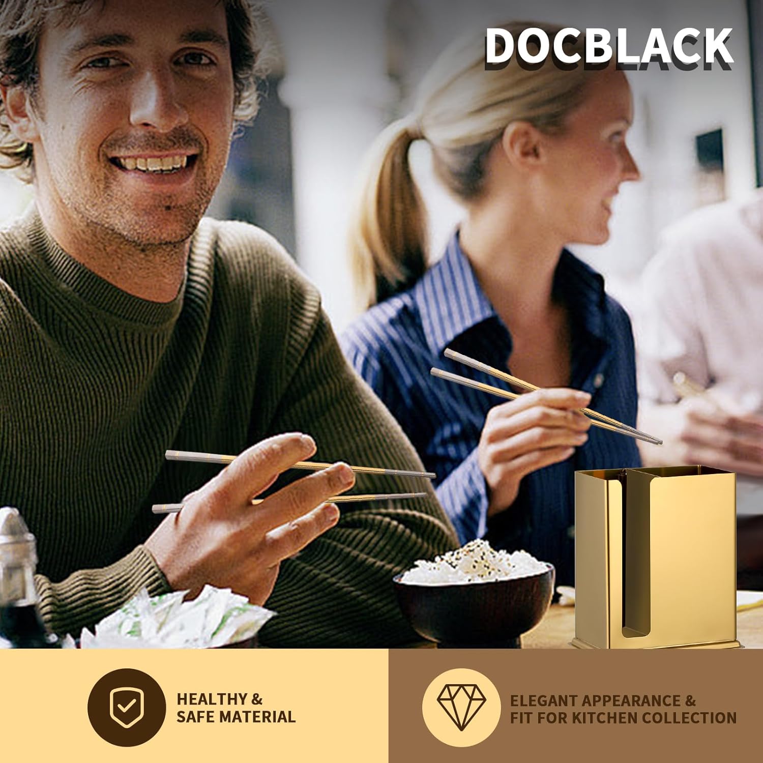 DOCBLACK 6-in-1 Stainless Steel Chopsticks with Utensil Holder, Utensil Drying Rack with 5 Pairs Reusable Chopsticks , Dishwasher Safe, Square Lightweight Non-Slip Chopsticks Set -Rose Gold