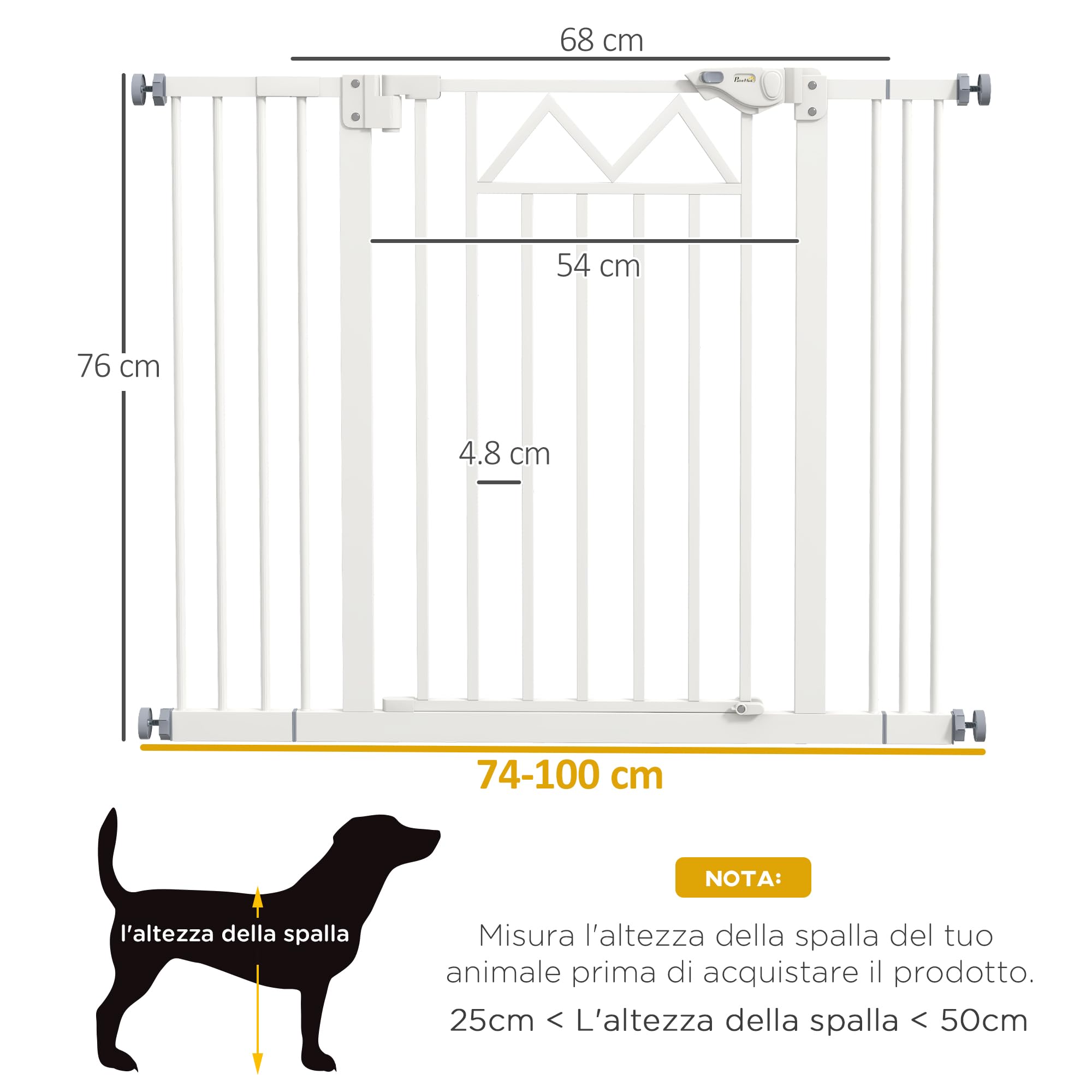 PawHut Cancellino per Cani con 4 Viti Regolabili e Nastro Adesivo, Cancello per Cani in Metallo e Plastica, 74-100x76cm, Bianco