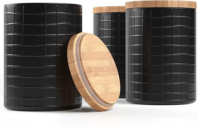Barnyard Designs Kitchen Canisters with Bamboo Lids, Airtight Metal Canister Set, Coffee, Sugar, Tea, Flour Storage Containers, Black, 13.5 x 17cm, Set of 3