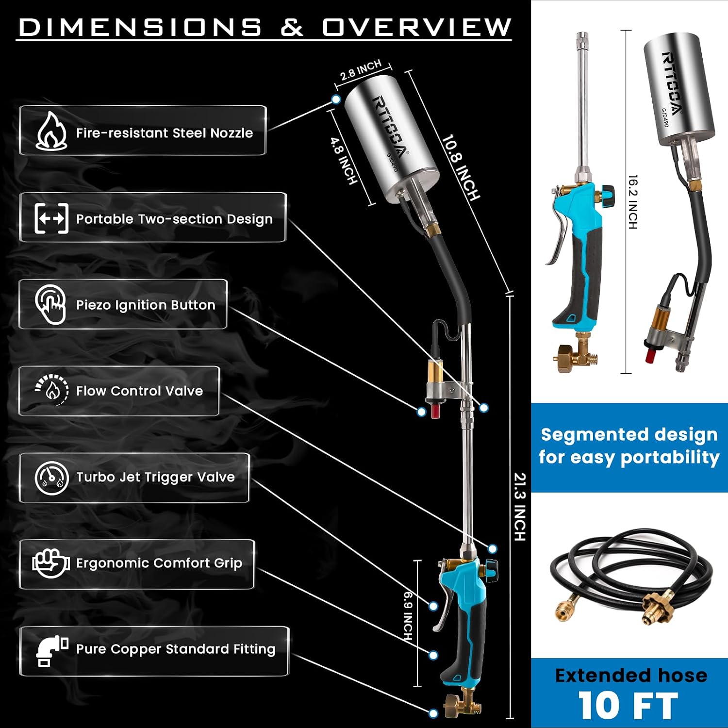 Propane Torch Weed Burner-GJD490, 1,300,000 BTU, Weed Torch with 1lb Propane Cylinder Converter and 10FT Hose, Flame Control and Turbo Trigger Push Button Igniter, Garden Wood Ice Snow (Blue)